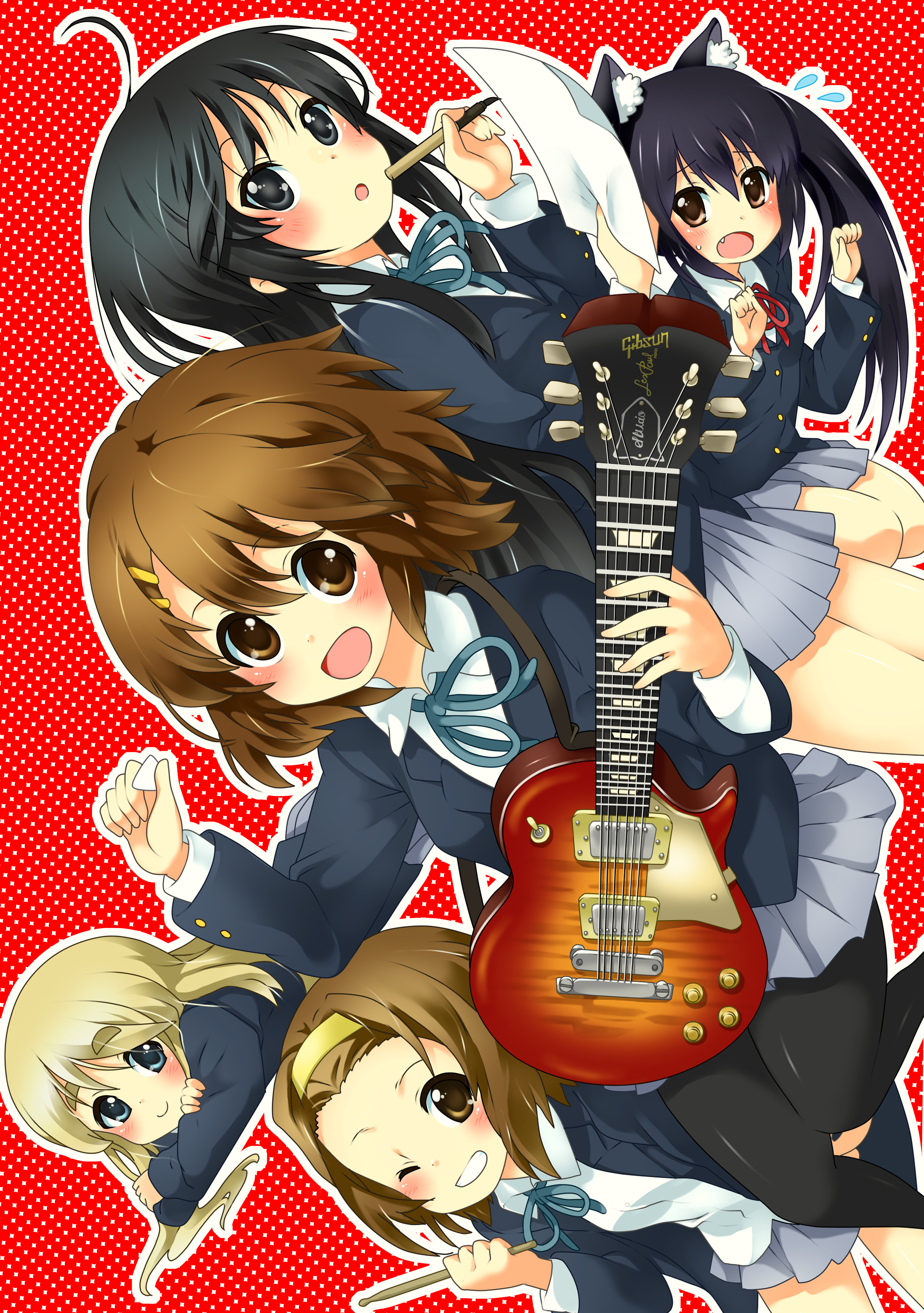 mitsuki meia, akiyama mio, hirasawa yui, kotobuki tsumugi, nakano azusa, tainaka ritsu, k-on!, absurdres, highres, 00s, 5girls, animal ears, black eyes, black hair, blonde hair, blue eyes, brown eyes, brown hair, cat ears, drumsticks, electric guitar, gibson les paul, guitar, ho-kago tea time, instrument, long hair, multiple girls, one eye closed, pantyhose, school uniform, short hair, wink