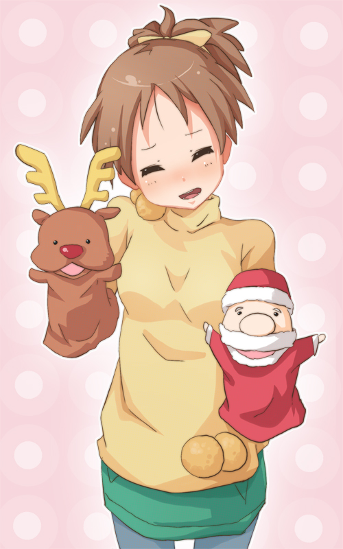 chonbo (artist), hirasawa ui, santa claus, k-on!, bad id, bad pixiv id, 00s, 1girl, brown hair, christmas, closed eyes, female focus, hand puppet, pantyhose, polka dot, ponytail, puppet, reindeer, short hair, solo