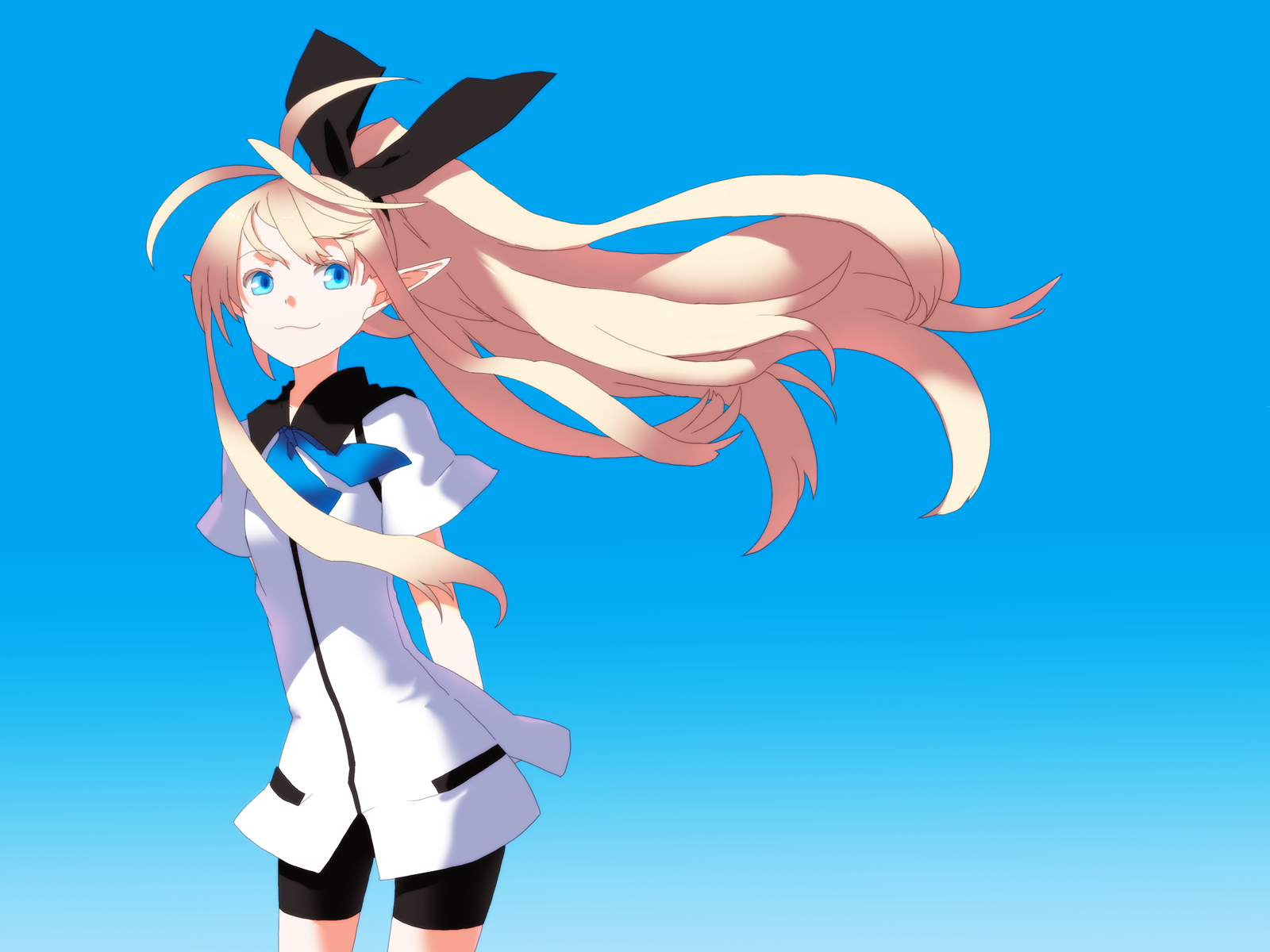 ira96, bad id, bad pixiv id, highres, ahoge, blonde hair, blue eyes, long hair, pointy ears, ribbon, solo