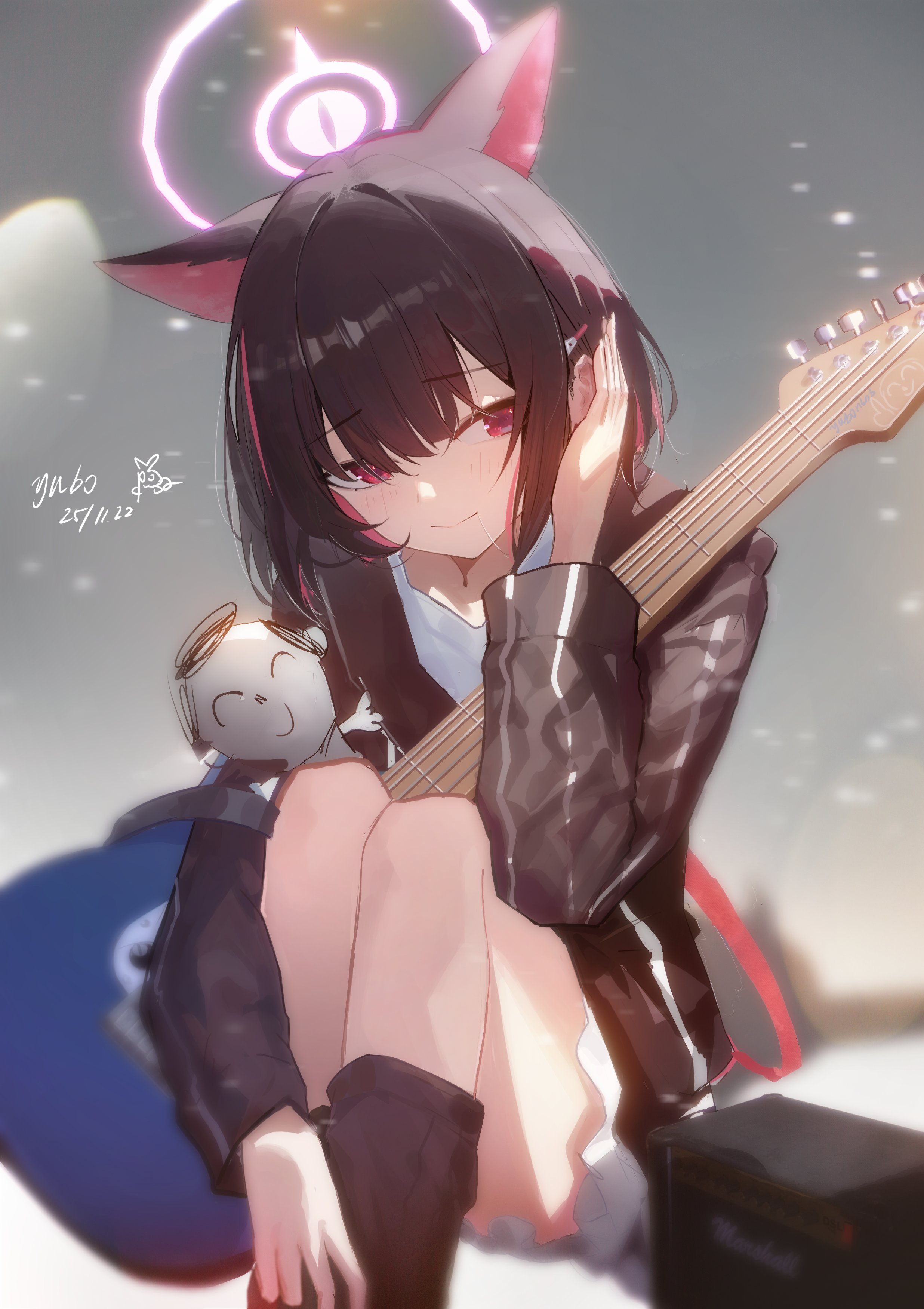 doodle sensei (blue archive), kazusa (blue archive), sensei (blue archive), blue archive, absurdres, commentary request, highres, 1girl, black hair, black jacket, black socks, gradient background, grey background, halo, hand on own ear, jacket, looking at viewer, multicolored hair, pink eyes, pink hair, pink halo, shirt, skirt, socks, solo, thighs, two-tone hair, white shirt, white skirt, youzidmw