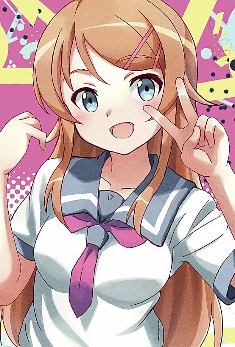 notus 23, kousaka kirino, ore no imouto ga konna ni kawaii wake ga nai, commentary request, 1girl, :d, blonde hair, blue eyes, blush, breasts, collarbone, hair ornament, hairclip, kousaka kirino's school uniform, long hair, medium breasts, neckerchief, open mouth, orange hair, pink neckerchief, school uniform, smile, solo, summer uniform, tongue, upper body, v
