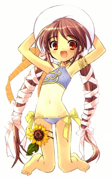 ito noizi, 1girl, :d, arms up, bikini, covered erect nipples, female focus, flat chest, flower, hair ribbon, hat, kneeling, long hair, navel, one-piece tan, open mouth, purple bikini, ribbon, simple background, smile, solo, sunflower, swimsuit, tan, tanline, twintails, very long hair, white background