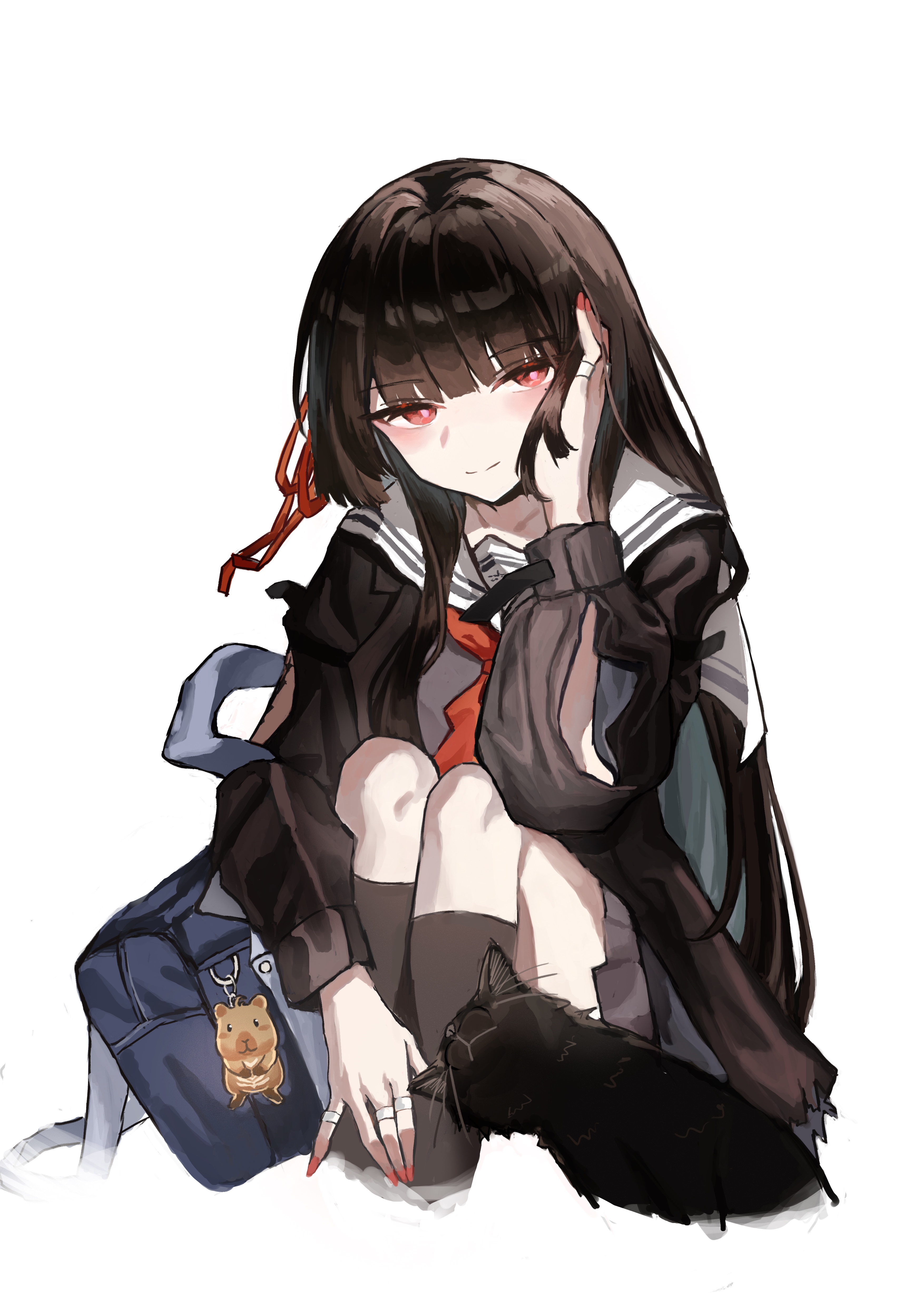 chisa (wuthering waves), wuthering waves, absurdres, highres, 1girl, arm cutout, bag, bag charm, black cat, black hair, black jacket, black shirt, blunt bangs, cat, charm (object), clothing cutout, fingernails, hair ribbon, jacket, long hair, looking at viewer, nail polish, namipon (wuthering waves), neckerchief, red nails, red neckerchief, red ribbon, ribbon, sailor collar, school bag, shirt, simple background, sitting, solo, tacet mark (wuthering waves), white background, white sailor collar, xiao mu ke