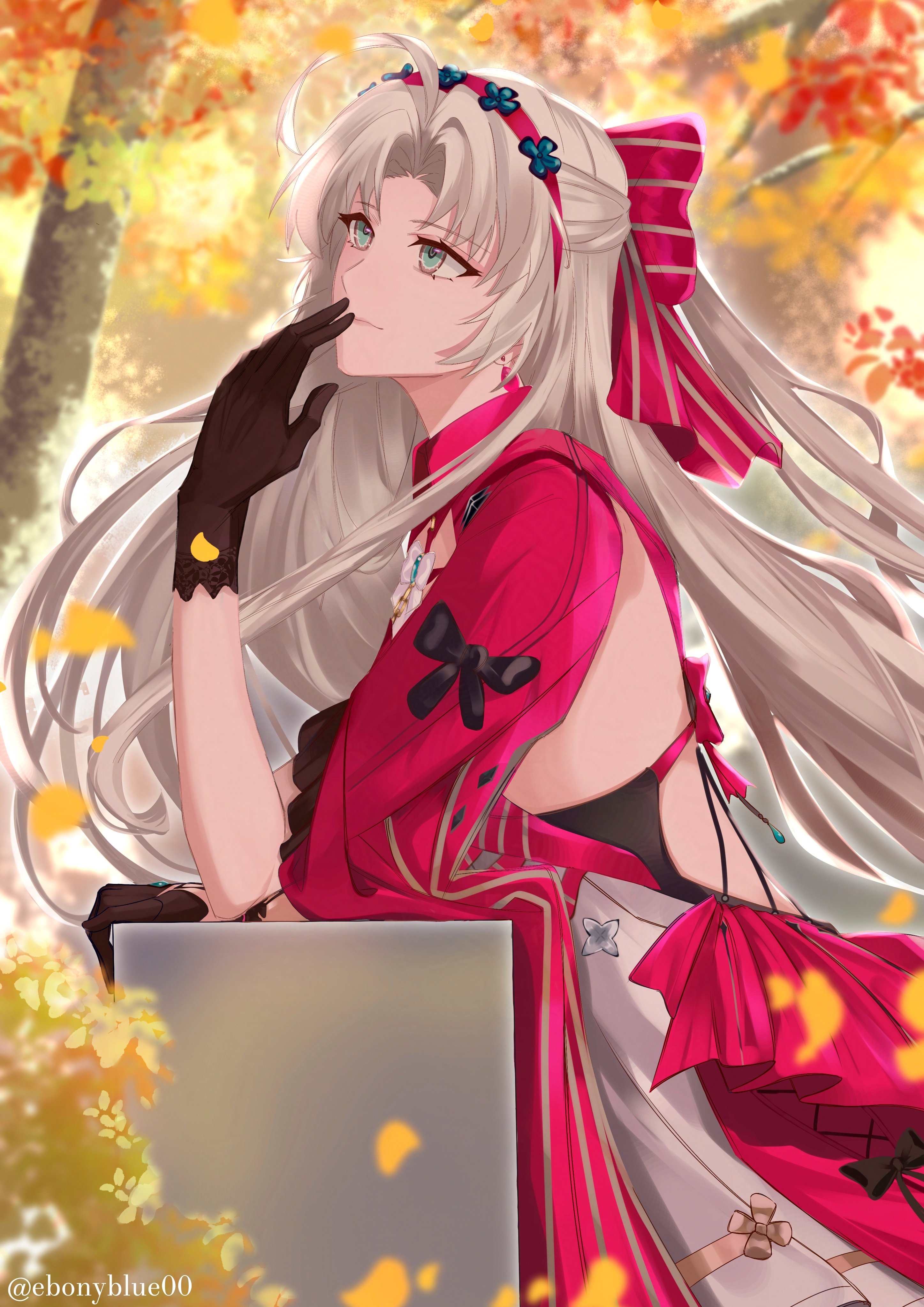 ebonyblue00, carlotta (wuthering waves), wuthering waves, absurdres, commentary, highres, symbol-only commentary, 1girl, ahoge, aqua eyes, black gloves, bow, closed mouth, gloves, grey hair, hair bow, hairband, hand to own mouth, jacket, long hair, outdoors, parted bangs, pink bow, pink hairband, pink jacket, solo, striped bow, twitter username