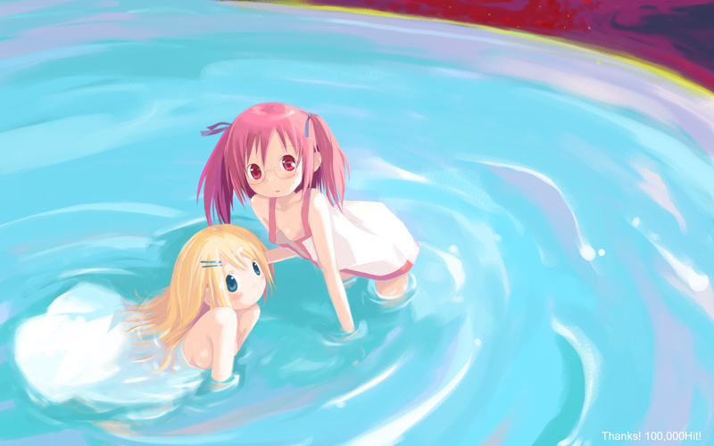 shiba yuusuke, original, 2girls, blonde hair, blue eyes, english text, flat chest, glasses, hair ribbon, multiple girls, pink hair, red eyes, ribbon, twintails, water