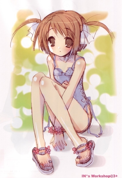 ito noizi, 1girl, brown eyes, brown hair, female focus, hair ribbon, long legs, ribbon, sandals, sitting, sketch, solo