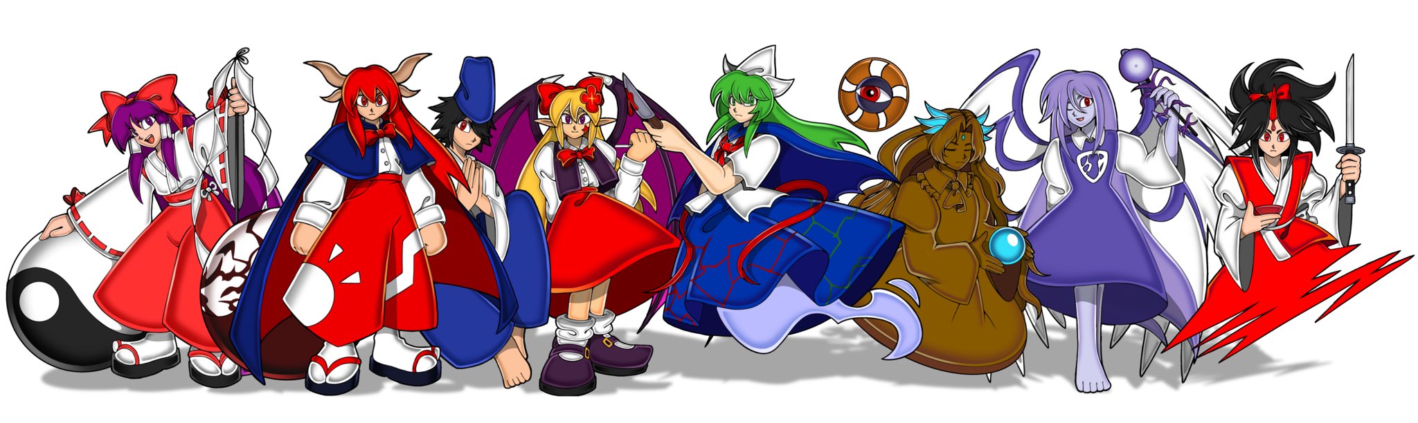 animemaster, elis (touhou), hakurei reimu, hakurei reimu (pc-98), kikuri (touhou), konngara (touhou), mima (touhou), sariel (touhou), shingyoku (female), shingyoku (male), shingyoku (touhou), yuugenmagan, highly responsive to prayers, sonic (series), sonic adventure 2, touhou, touhou (pc-98), commentary request, highres, translation request, 1boy, 6+girls, ;d, angel wings, animal print, ascot, barefoot, bat wings, black hair, black shoes, black vest, blonde hair, blood, blood on face, bloody knife, blue dress, blue eyes, blue hat, blue sailor collar, blue skirt, bow, bowtie, brown sandals, butterfly print, closed eyes, closed mouth, colored skin, cup, dress, electricity, eyeball, facial mark, fangs, flip-flops, floral print, flower, forehead jewel, frilled ascot, frilled dress, frilled skirt, frills, full body, genderswap, genderswap (otf), ghost tail, gohei, green hair, grey hair, grid, grid background, hair between eyes, hair bow, hair ornament, hair over one eye, hakama, halo, hat, headband, headdress, high ponytail, holding, holding cup, holding knife, holding orb, holding sword, holding wand, holding weapon, horns, japanese clothes, jewelry, juliet sleeves, kariginu, kimono, knife, long hair, long skirt, long sleeves, looking afar, looking up, multiple girls, neckerchief, necktie, official style, ofuda, one eye closed, oonusa, open mouth, orb, other focus, pants, pointy ears, ponytail, puffy sleeves, purple eyes, purple hair, purple skin, purple wings, red bow, red bowtie, red eyes, red hair, red neckerchief, red pants, red skirt, red vest, ribbon, sailor collar, sailor dress, sailor shirt, sakazuki, sandals, school uniform, sharp teeth, shirt, shoes, short hair, short sleeves, simple background, single horn, sitting, skirt, skirt set, smile, socks, star (symbol), star wand, sword, tate eboshi, teeth, thick eyebrows, torn clothes, uekawa yuji (style), very long hair, vest, wand, weapon, white background, white hat, white kimono, white shirt, white shoes, white socks, white wings, wide sleeves, wings, yellow dress, yellow kimono, yellow necktie, yin yang, yin yang orb