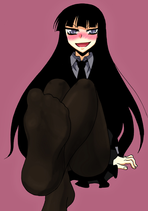 houkago play, 1girl, black hair, feet, female focus, foot focus, formal clothes, long hair, looking at viewer, necktie, pantyhose, sitting, smile, solo, suit, yellow eyes
