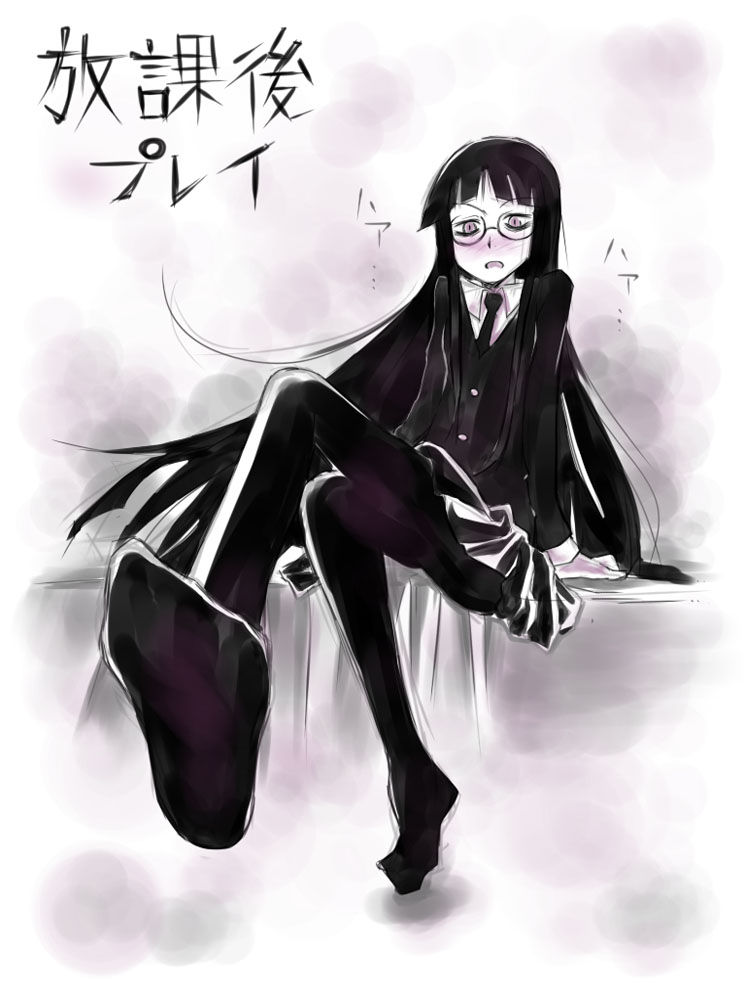 houkago play, 1girl, black hair, feet, female focus, foot focus, formal clothes, long hair, monochrome, necktie, open mouth, pantyhose, sitting, solo, suit, yellow eyes