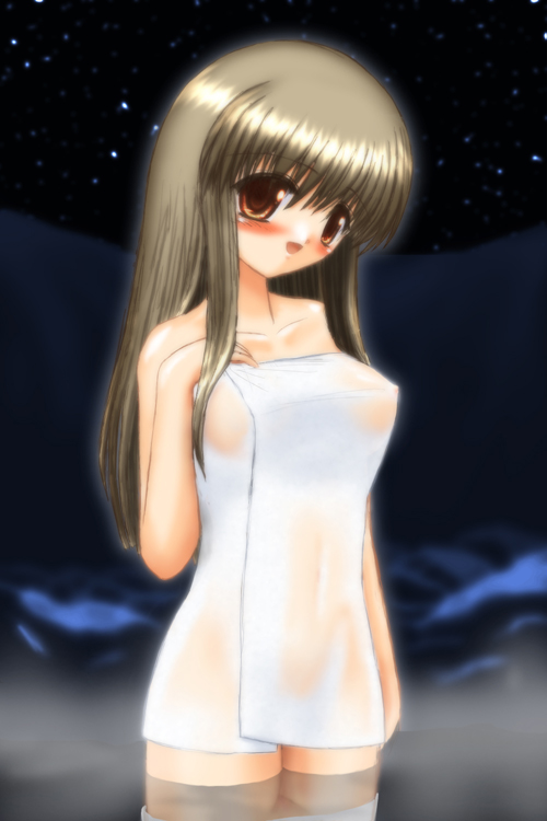 syamtil, kurata sayuri, kanon, brown eyes, brown hair, impossible towel, long hair, naked towel, onsen, solo, submerged, towel, wading