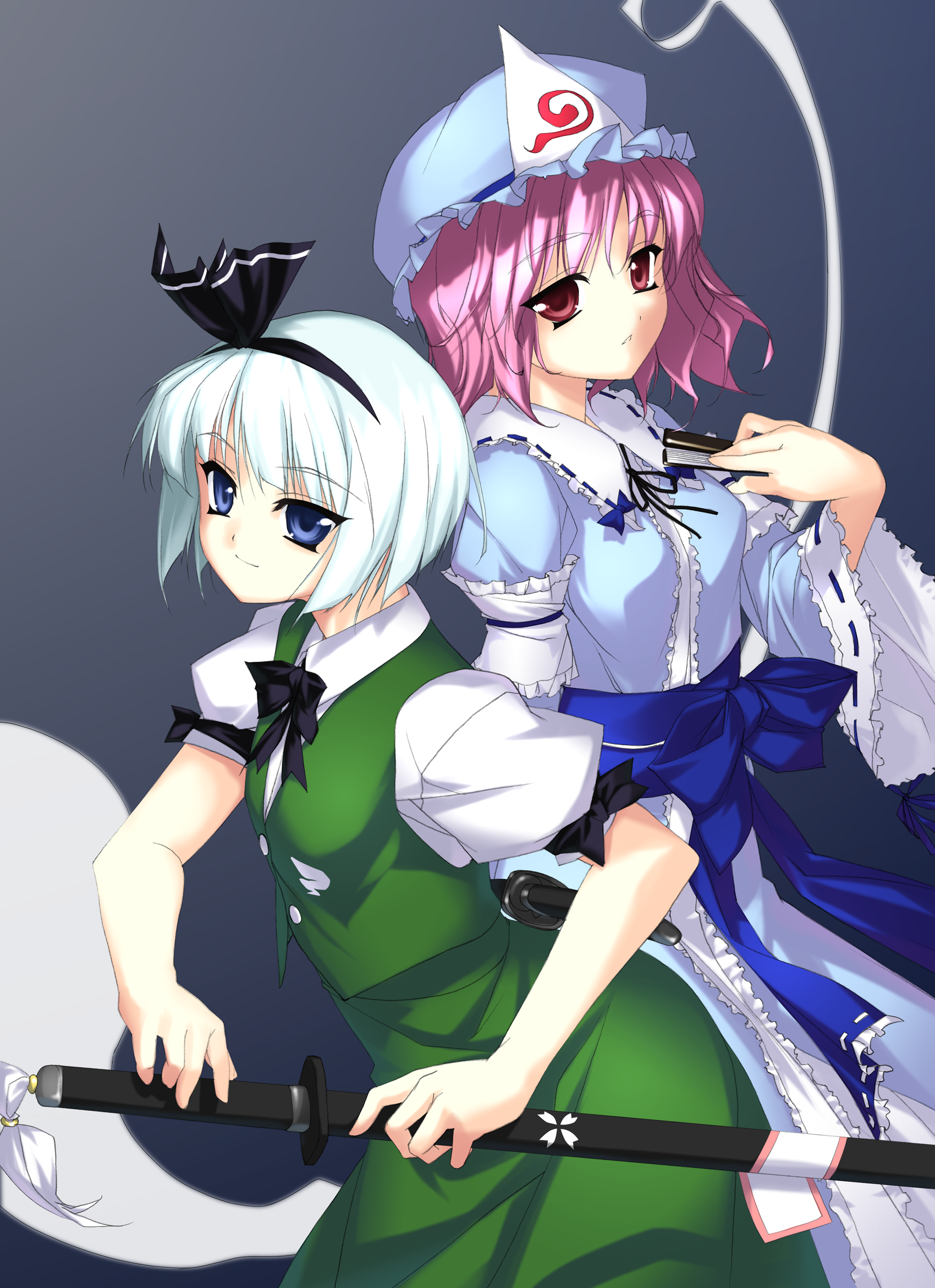 rokuwata tomoe, konpaku youmu, konpaku youmu (ghost), saigyouji yuyuko, touhou, silver hair, highres, 2girls, blue eyes, female focus, ghost, hairband, hand fan, hat, katana, multiple girls, pink hair, red eyes, sheath, sheathed, short hair, sword, weapon