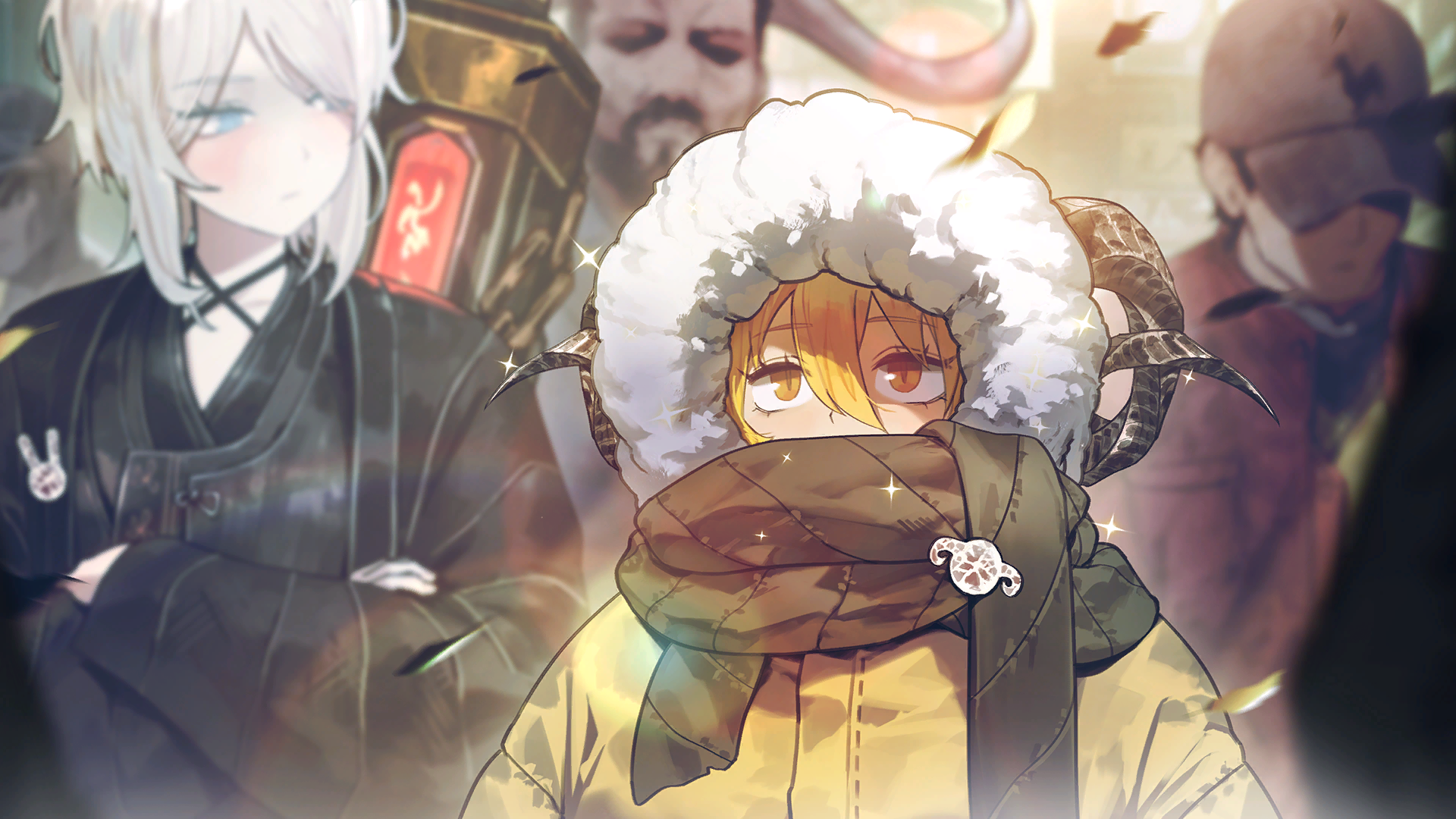 nai ga, don quixote (project moon), faust (project moon), heathcliff (project moon), limbus company, project moon, game cg, highres, official art, 1other, 2boys, 2girls, animal pin, baseball cap, black robe, blonde hair, blue eyes, chain, cow horns, curled horns, facial hair, fur-trimmed hood, fur trim, goatee, hat, heishou pack-mao branch (identity) (project moon), heishou pack-wei branch (identity) (project moon), heishou pack-you branch (identity) (project moon), hood, horns, jacket, medium hair, multiple boys, multiple girls, rabbit pin, robe, scarf, sheep horns, short hair, sparkle, sword, sword on back, weapon, weapon on back, white hair, yellow eyes, yellow jacket