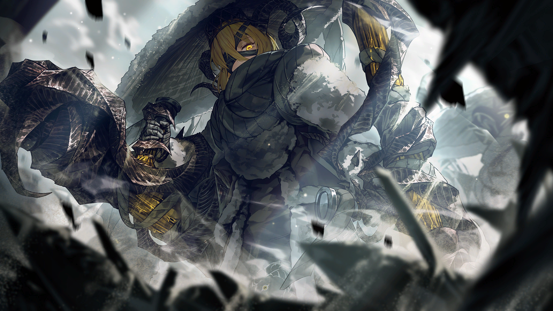 nai ga, don quixote (project moon), limbus company, project moon, game cg, highres, official art, 1other, bandage over one eye, blonde hair, curled horns, fur-trimmed robe, fur trim, hand wraps, hat, heishou pack-wei branch (identity) (project moon), horns, rice hat, robe, scarf, sheep horns, short hair, tonfa, weapon, yellow eyes