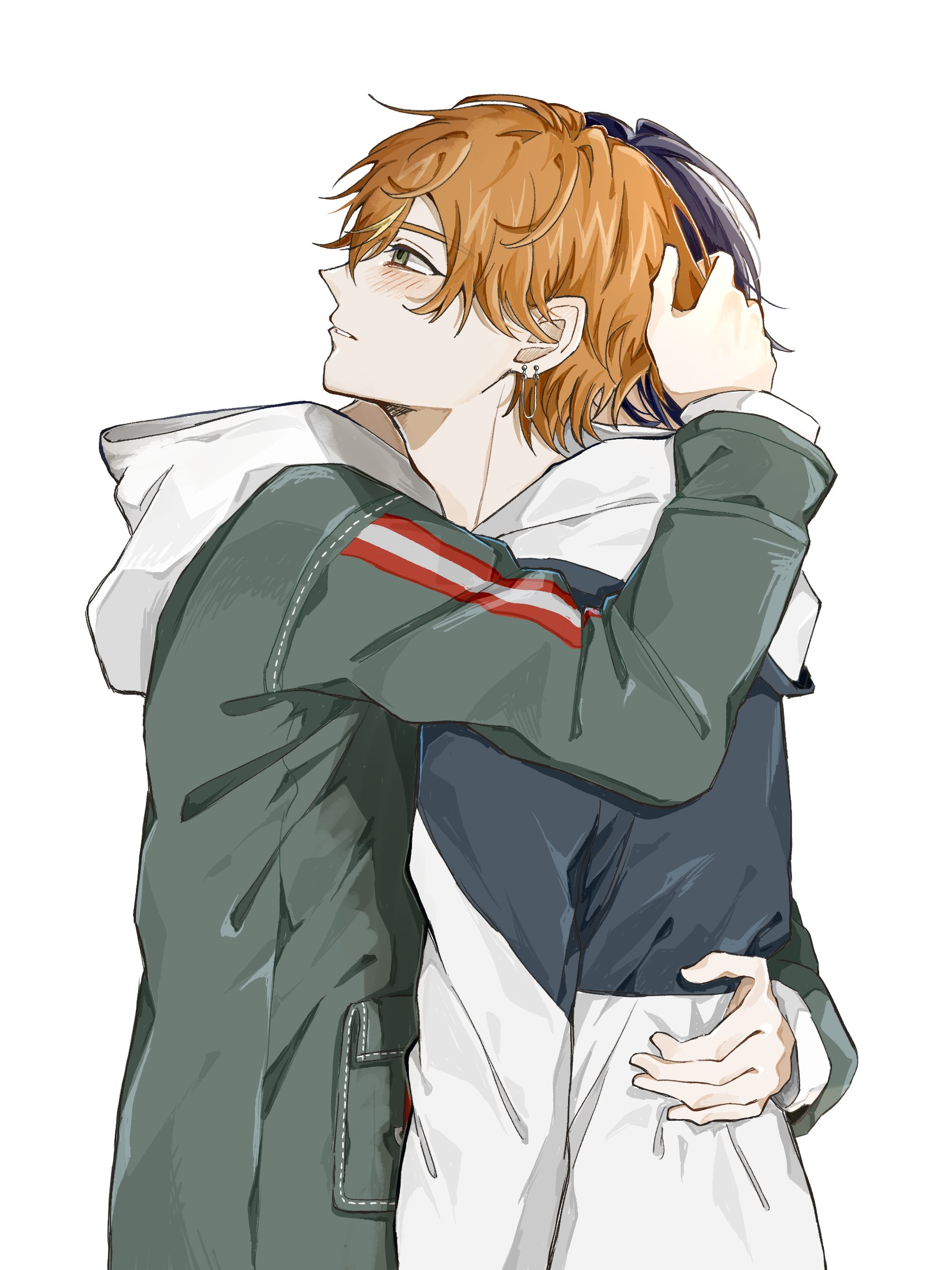 aoyagi touya, shinonome akito, project sekai, absurdres, commentary, highres, 2boys, blonde hair, blush, clenched teeth, ear chain, from side, green eyes, hapi (hapihapi 08), hood, hood down, hooded jacket, hug, jacket, linked piercing, long sleeves, male focus, multicolored hair, multiple boys, orange hair, parted lips, piercing, short hair, simple background, streaked hair, teeth, two-tone hair, upper body, white background, yaoi