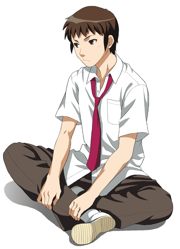 mattaku mousuke, kyon, suzumiya haruhi no yuuutsu, 00s, 1boy, blouse, collared shirt, full body, male focus, necktie, school uniform, shirt, short hair, simple background, sitting, solo, white background, white shirt