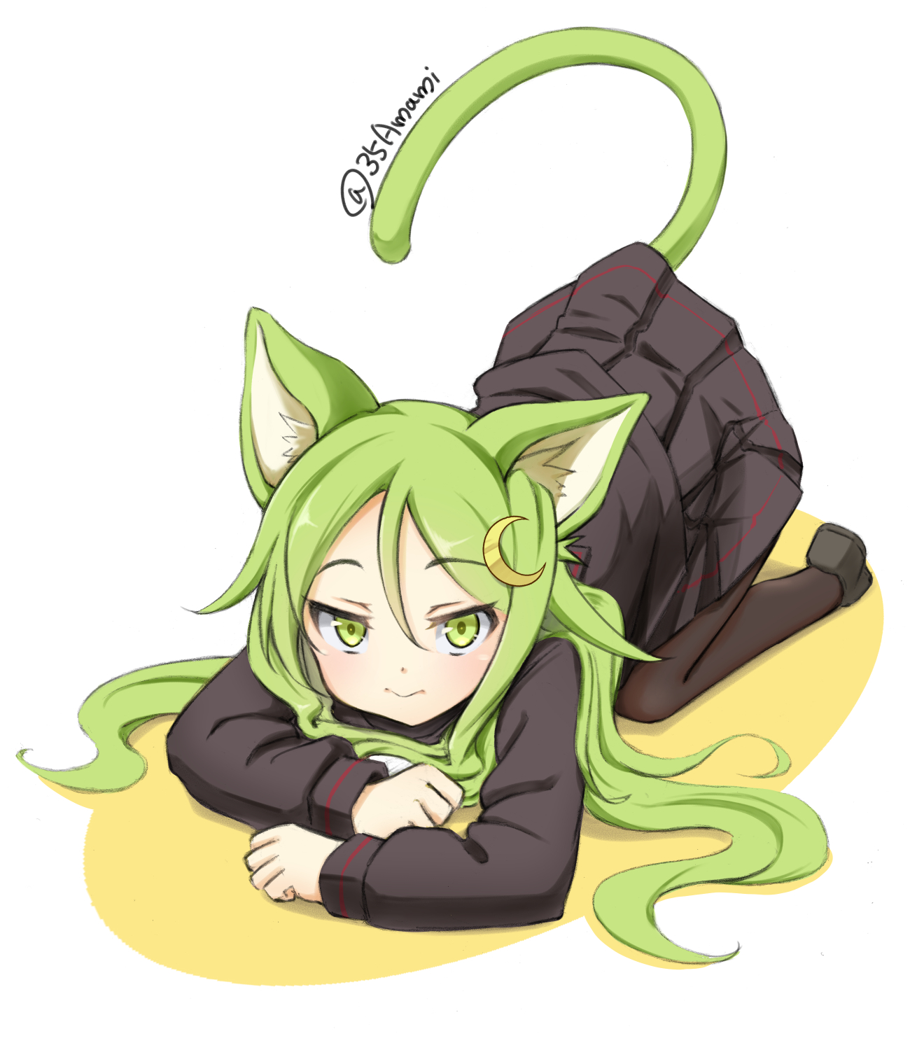 tetsuryuu, nagatsuki (kancolle), kantai collection, commentary request, highres, 1girl, all fours, animal ears, black pantyhose, black serafuku, black shirt, black skirt, cat ears, cat tail, crescent, crescent hair ornament, green eyes, green hair, hair ornament, pantyhose, school uniform, serafuku, shirt, simple background, skirt, smile, solo, tail, white background