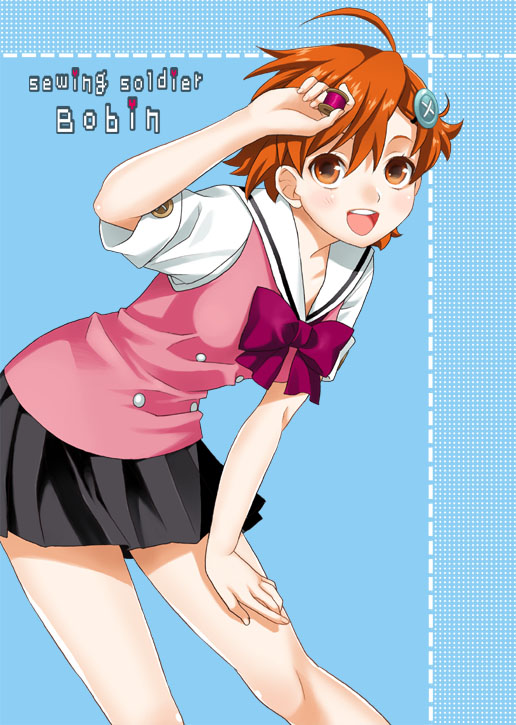 mattaku mousuke, bad id, bad pixiv id, brown hair, hair ornament, hairclip, ribbon, school uniform, serafuku, short hair, skirt, solo