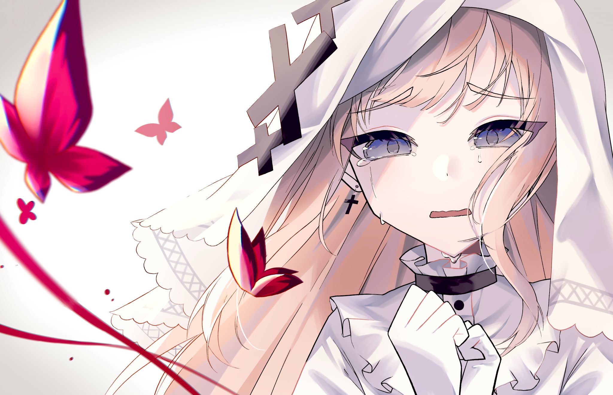 hikami meruru, mahou shoujo no majo saiban, commentary request, highres, 1girl, blonde hair, bug, butterfly, cross, cross earrings, crying, crying with eyes open, earrings, gloves, hands up, insect, jewelry, keuru, long hair, looking at viewer, open mouth, own hands together, purple eyes, red butterfly, solo, tears, upper body, veil, white gloves, white veil