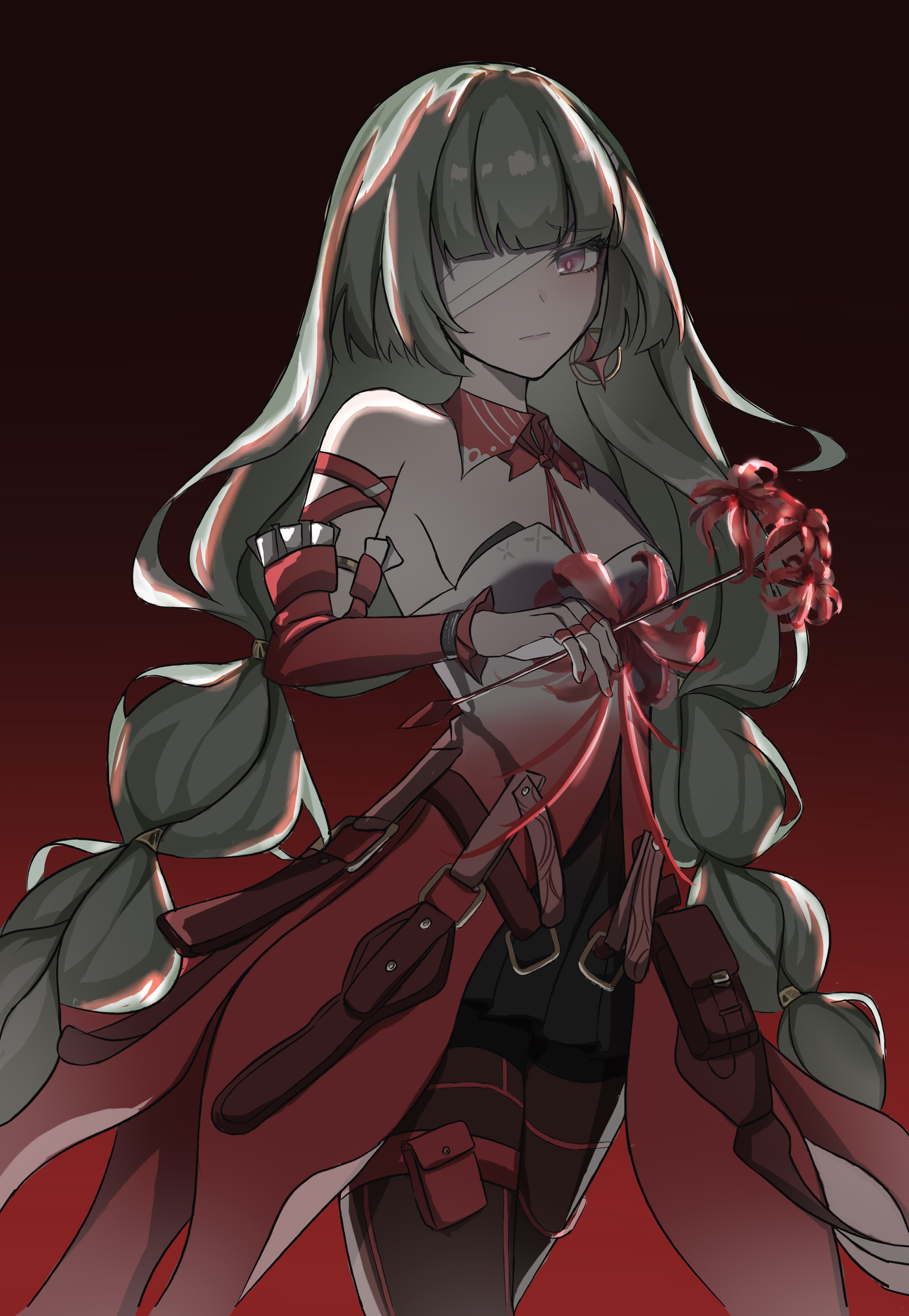 phrolova (wuthering waves), wuthering waves, absurdres, highres, 1girl, bandage over one eye, bare shoulders, black pantyhose, black skirt, breasts, closed mouth, detached sleeves, dress, earrings, flower, gradient background, grey eyes, grey hair, halter dress, halterneck, holding, holding flower, jewelry, long hair, looking at viewer, medium breasts, pantyhose, red background, red dress, single detached sleeve, skirt, solo, spider lily, xiao mu ke