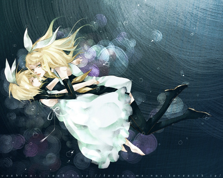 yoshinori (fmn), kagamine rin, kagamine rin (roshin yuukai), roshin yuukai (vocaloid), vocaloid, black legwear, 2girls, alternate hairstyle, black gloves, blonde hair, blue eyes, boots, bubble, dress, dual persona, elbow gloves, female focus, gloves, hair ornament, hair ribbon, hairclip, long hair, multiple girls, ribbon, sailor dress, thigh boots, thighhighs, white dress, zettai ryouiki
