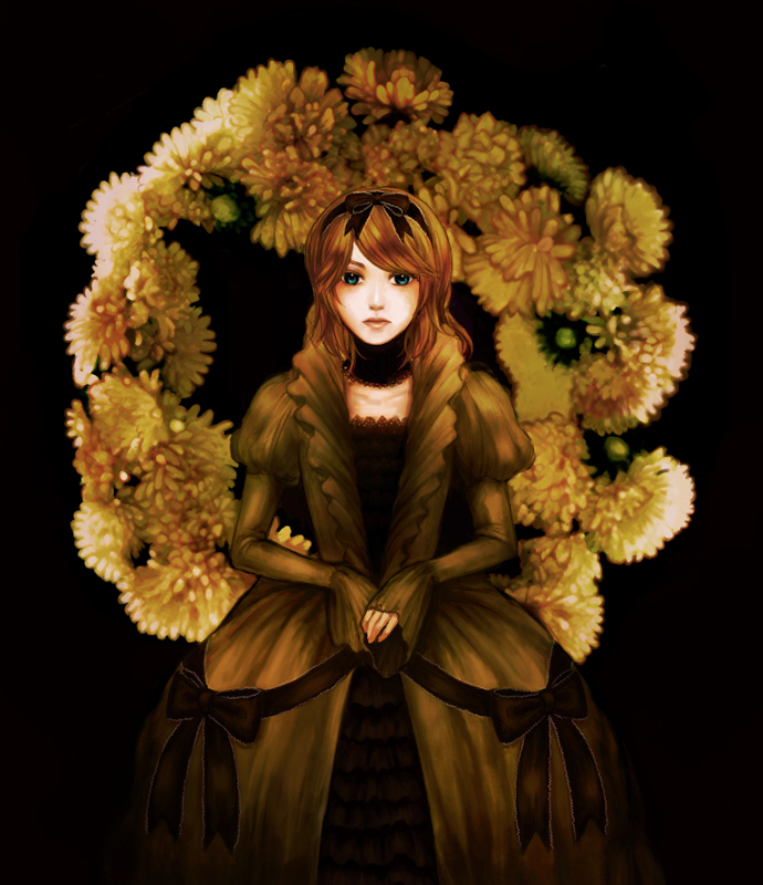 e-mina, kagamine rin, riliane lucifen d'autriche, aku no musume (vocaloid), evillious nendaiki, vocaloid, bad id, bad pixiv id, 1girl, blonde hair, blue eyes, dress, female focus, flower, hair ribbon, ribbon, short hair, solo, victorian