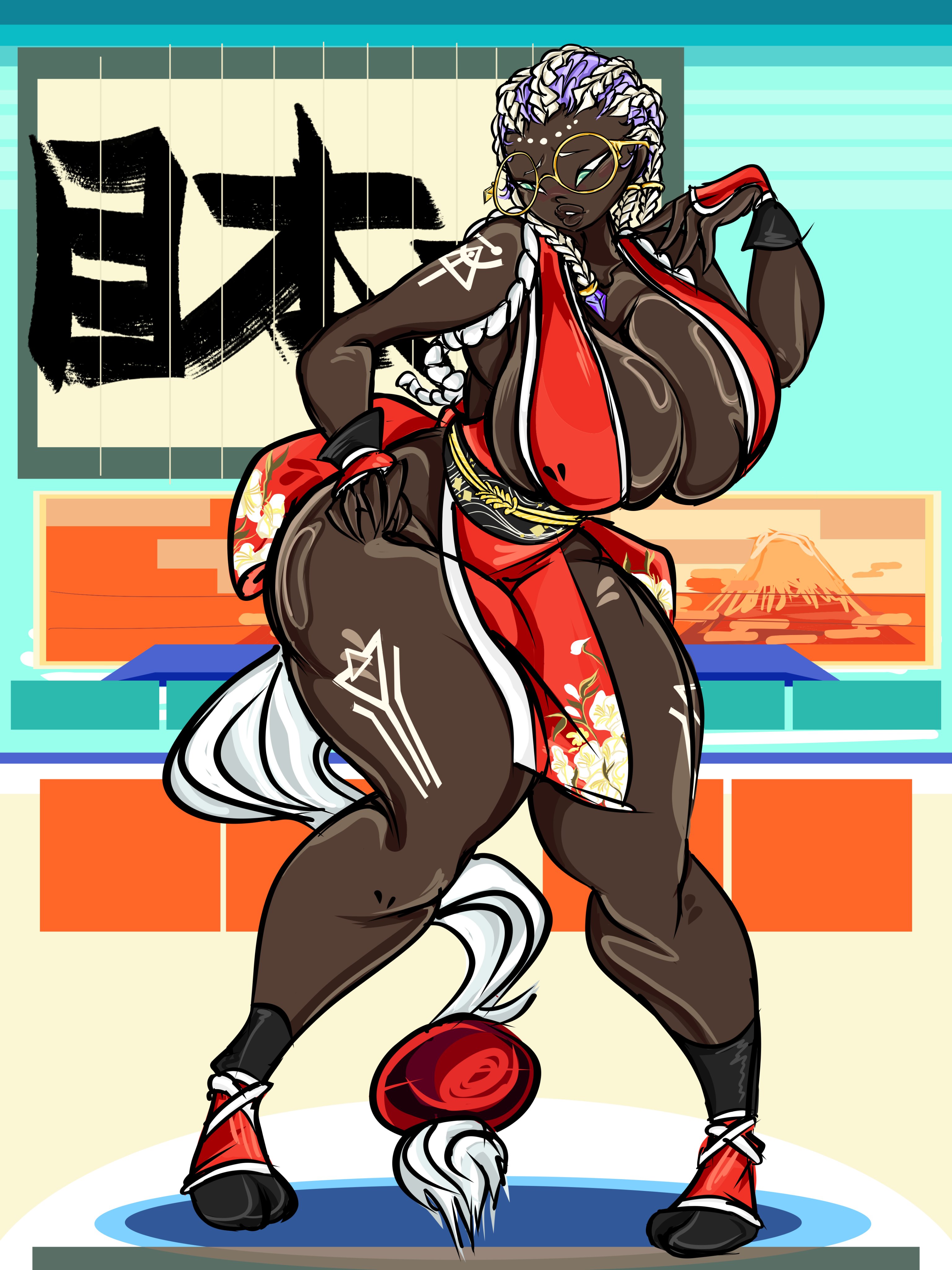 dolores (kof), snk, the king of fighters, 1girl, blue eyes, body markings, braid, breasts, dark-skinned female, dark skin, glasses, huge breasts, large breasts, shiranui mai (cosplay), thedrown1, white hair