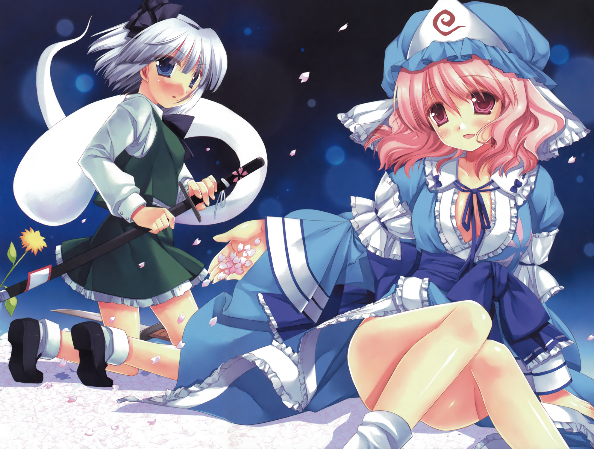 miyasu risa, konpaku youmu, konpaku youmu (ghost), saigyouji yuyuko, touhou, silver hair, highres, 2girls, blue eyes, breasts, cherry blossoms, cleavage, female focus, ghost, hairband, hat, hitodama, katana, large breasts, multiple girls, pink eyes, pink hair, sheath, sheathed, short hair, sword, weapon