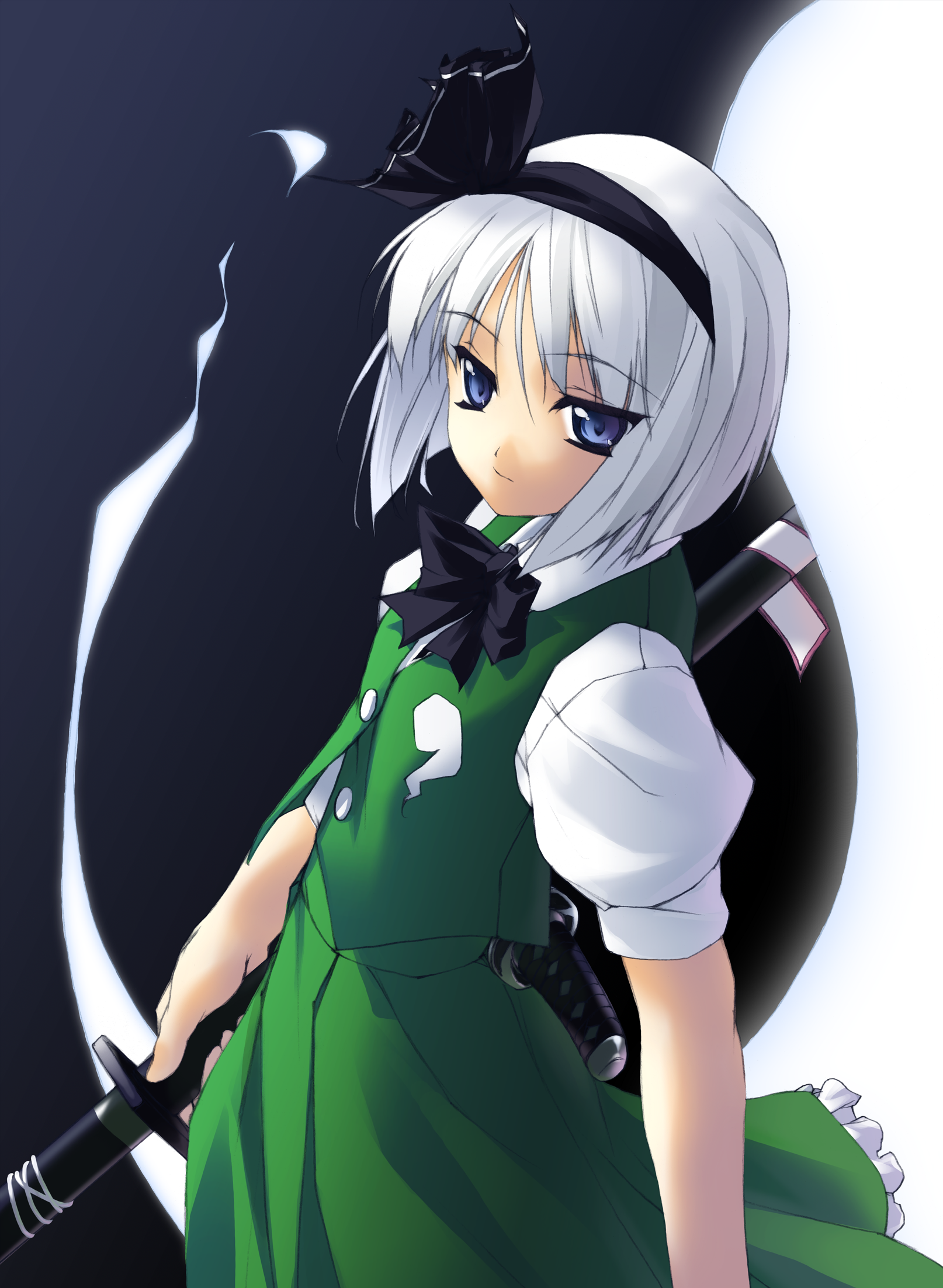 rokuwata tomoe, konpaku youmu, konpaku youmu (ghost), touhou, silver hair, highres, 1girl, blue eyes, female focus, ghost, gradient background, hairband, katana, sheath, sheathed, short hair, skirt, solo, sword, weapon