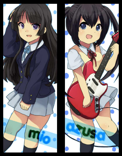 gum (vivid garden), akiyama mio, nakano azusa, k-on!, bad id, bad pixiv id, long image, 00s, 2girls, black hair, blue eyes, guitar, instrument, long hair, multiple girls, mustang (guitar), school uniform, stick poster, twintails