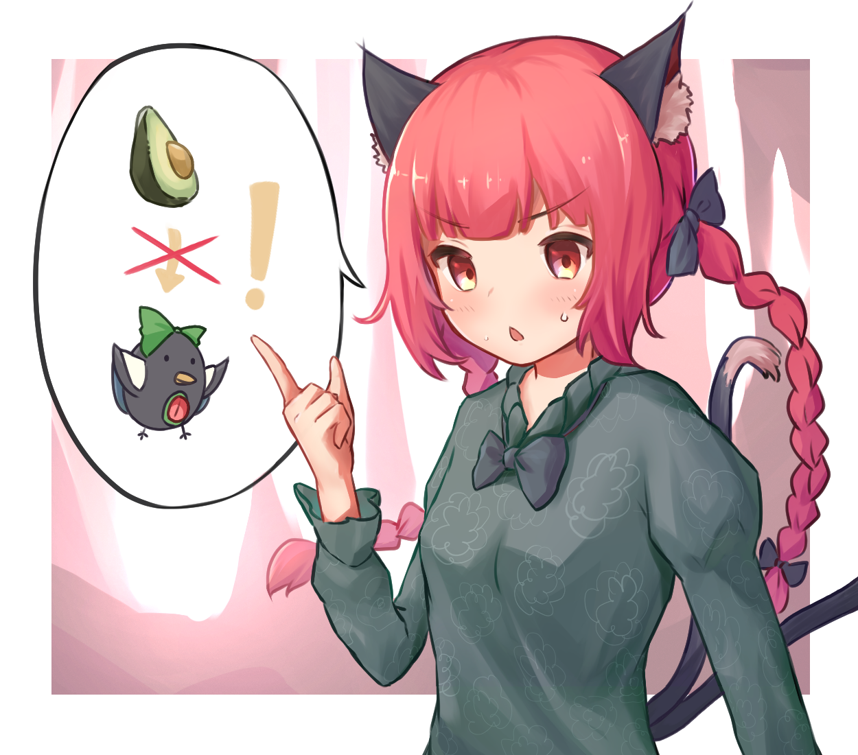 kaenbyou rin, reiuji utsuho, reiuji utsuho (bird), touhou, commentary, english commentary, 1girl, animal ears, avocado, black bow, black bowtie, blush, bow, bowtie, braid, cat ears, cat girl, cat tail, espalchemist, index finger raised, juliet sleeves, long sleeves, multiple tails, open mouth, puffy sleeves, red eyes, red hair, side braids, solo, speech bubble, sweatdrop, tail, twin braids, two tails, upper body, v-shaped eyebrows