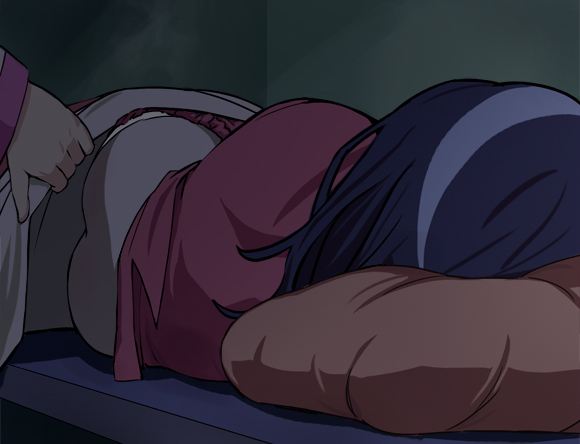 haruyama kazunori, higashi setsuna, fresh precure!, precure, 00s, 1girl, ass, bed, black hair, clothes pull, lying, on side, pajamas, pajamas pull, panties, pants, pants pull, panty pull, pillow, short hair, sleeping, solo focus, under covers, underwear