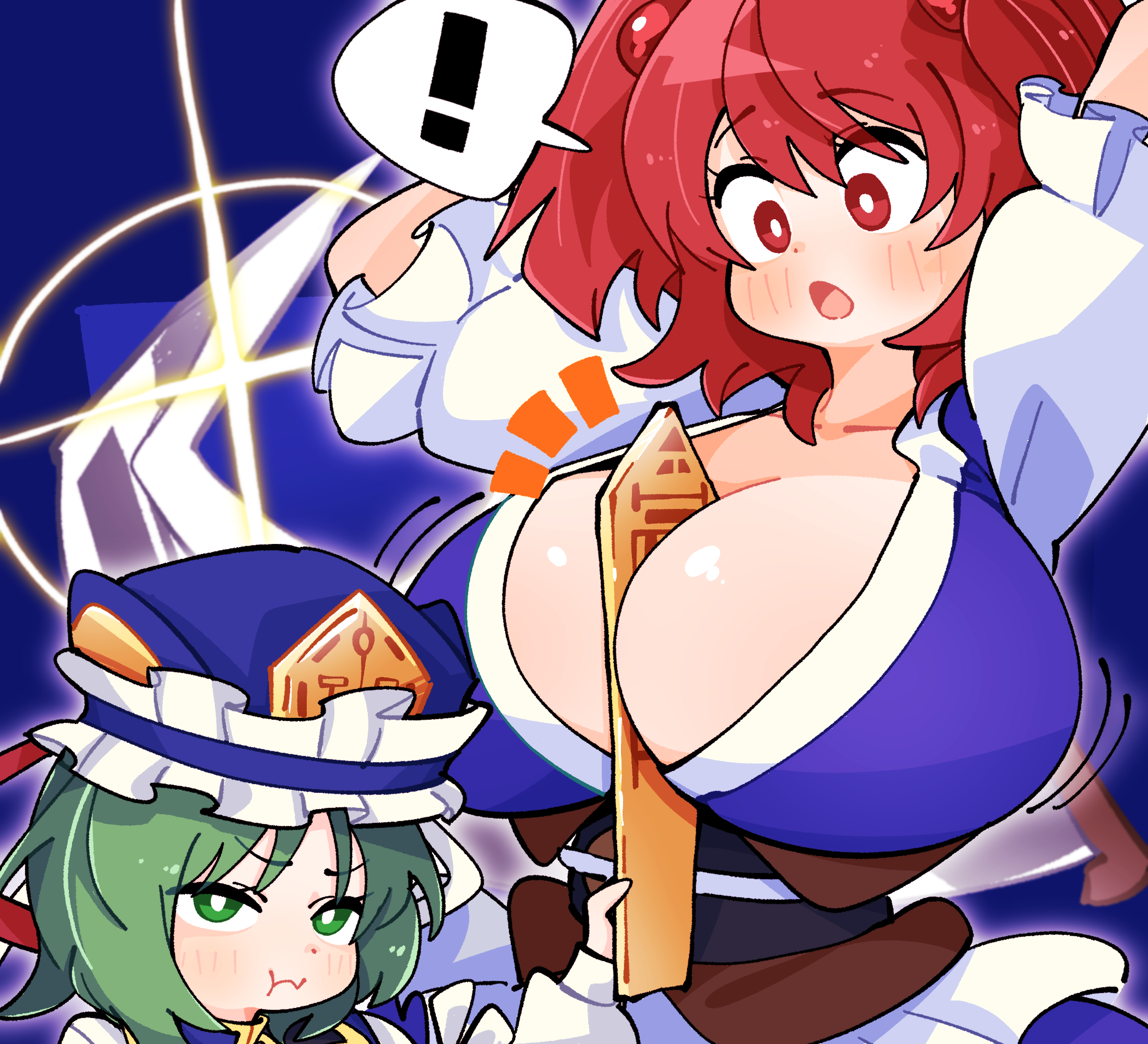 gram 9, onozuka komachi, shiki eiki, touhou, commentary request, highres, !, 2girls, :t, arm up, between breasts, blue background, blue hat, blush, breasts, bright pupils, cleavage, closed mouth, frilled hat, frills, green eyes, green hair, hat, huge breasts, multiple girls, obi, red eyes, red hair, rod of remorse, sash, short hair, short sleeves, simple background, spoken exclamation mark, upper body, white pupils
