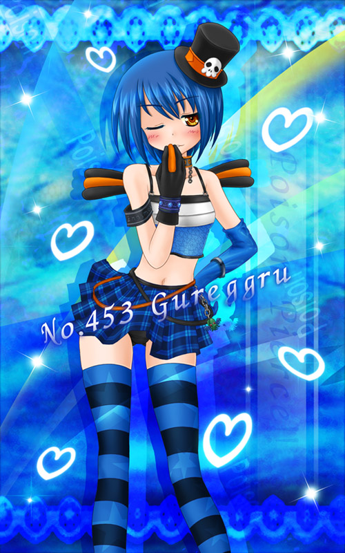 aoi kanan, croagunk, cthulhu, nintendo, pokemon, 1girl, armband, bare shoulders, black panties, blue hair, blush, chain, collar, female focus, gen 4 pokemon, gloves, hand on own hip, hat, looking at viewer, midriff, navel, panties, pantyshot, personification, plaid clothes, plaid skirt, pleated skirt, short hair, skirt, solo, striped clothes, striped thighhighs, tank top, thighhighs, top hat, underwear, upskirt, yellow eyes, zettai ryouiki