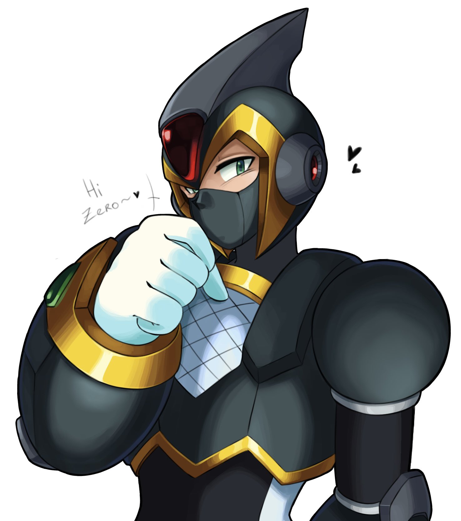 animemaster, shadow armor x (mega man), x (mega man), mega man (series), mega man x (series), commentary, english commentary, highres, 1boy, android, armor, black armor, black helmet, black mask, covered mouth, forehead jewel, gloves, green eyes, heart, helmet, kuji-in, male focus, mask, mouth mask, ninja, ninja mask, robot, robot ears, simple background, solo, upper body, white background, white gloves