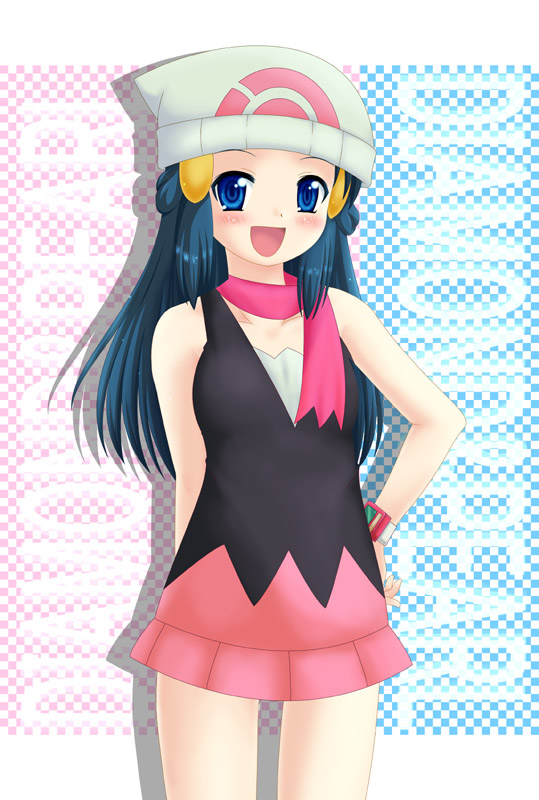 dawn (pokemon), nintendo, pokemon, tagme, beanie, blue hair, hat, scarf, skirt