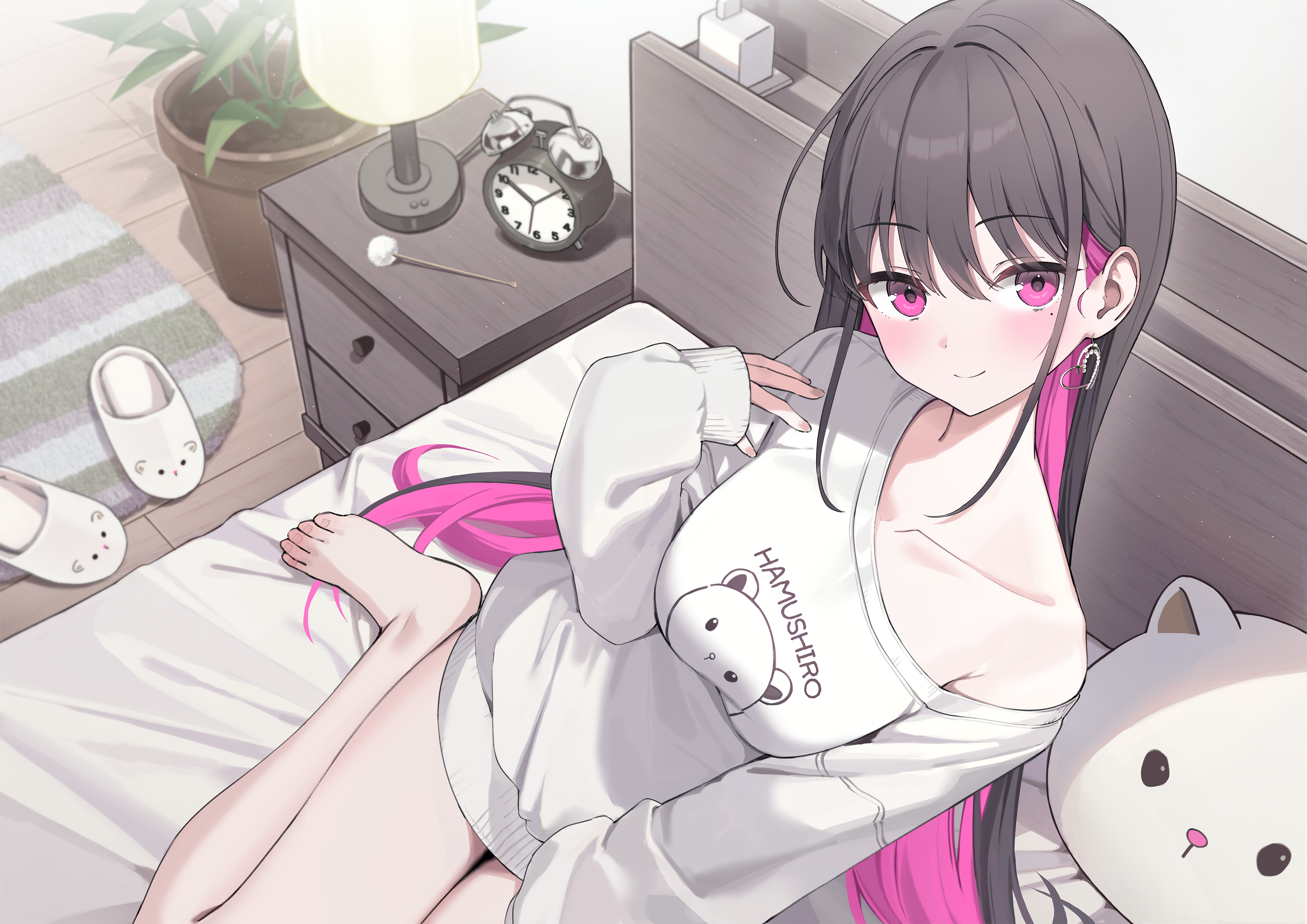 rangu, original, absurdres, commentary request, highres, non-web source, textless version, 1girl, black hair, breasts, closed mouth, colored inner hair, earrings, hand up, idol-chan (rangu), indoors, jewelry, large breasts, long hair, long sleeves, multicolored hair, on bed, pink eyes, pink hair, shirt, single bare shoulder, single off shoulder, slippers, smile, solo, very long hair, white shirt, white slippers