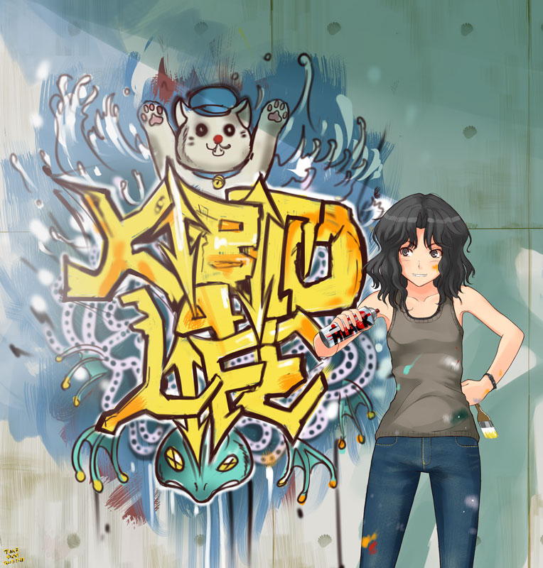 aihara kaichi, kaichi, tanamachi kaoru, amagami, messy, bad id, bad pixiv id, 1girl, bare shoulders, black hair, blouse, casual, cowboy shot, denim, female focus, graffiti, grin, hand on own hip, jeans, messy hair, paintbrush, pants, shirt, sleeveless, sleeveless shirt, smile, solo, wavy hair