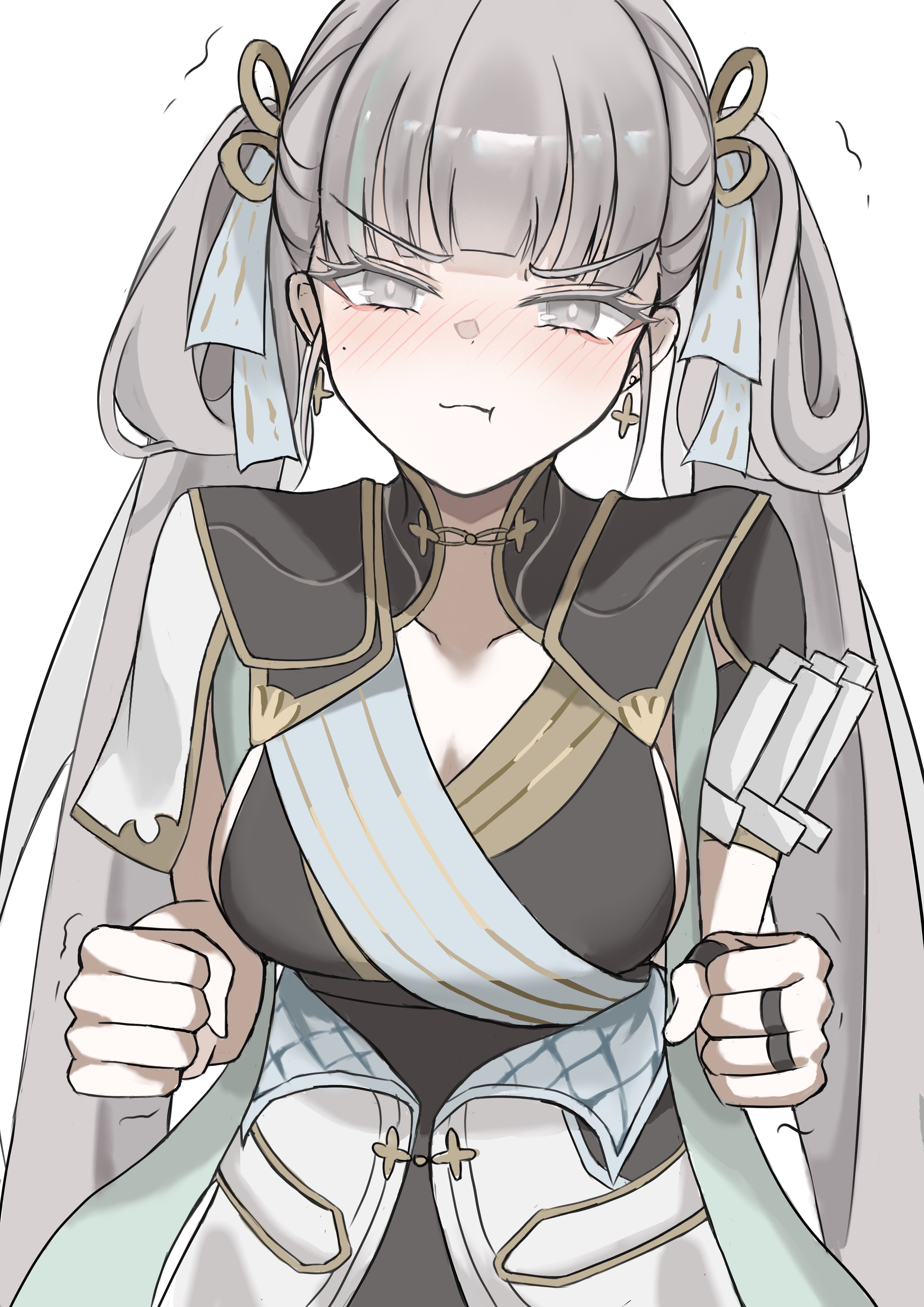 jinhsi (wuthering waves), wuthering waves, absurdres, highres, 1girl, :t, black collar, black dress, blunt bangs, blush, bow, breasts, bright pupils, cleavage, closed mouth, coat, collar, collarbone, colored eyelashes, dress, earrings, gold trim, hair bow, hair ornament, hair rings, hands up, jewelry, large breasts, long hair, looking at viewer, mole, mole on cheek, narrowed eyes, solo, twintails, upper body, v-shaped eyebrows, very long hair, white background, white bow, white coat, white eyelashes, white eyes, white hair, white pupils, xiao mu ke