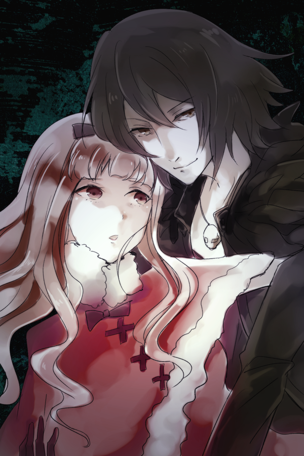 rimorimo, kurenaino aria, occultic;nine, science adventure, commentary request, 1boy, 1girl, black hair, capelet, coat, dress, jacket, kusakabe kiryuu, long hair, long sleeves, looking at another, looking at viewer, red eyes, short hair, smile, upper body