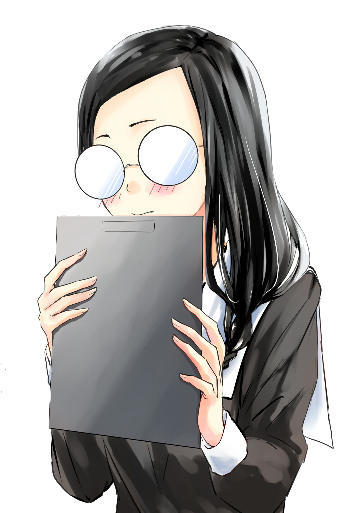saramaganekoko, osaragi kobachi, kaguya-sama wa kokurasetai ~tensai-tachi no renai zunousen~, commentary request, highres, 1girl, black hair, blush, clipboard, glasses, holding, holding clipboard, jimiko, light smile, long hair, long sleeves, school uniform, shuuchiin academy school uniform, simple background, solo, upper body, white background