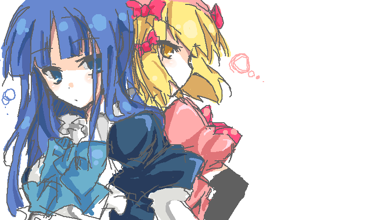 mizuse kotone, frederica bernkastel, lambdadelta, umineko no naku koro ni, 00s, 2girls, blonde hair, blue eyes, blue hair, long hair, multiple girls, short hair, yellow eyes