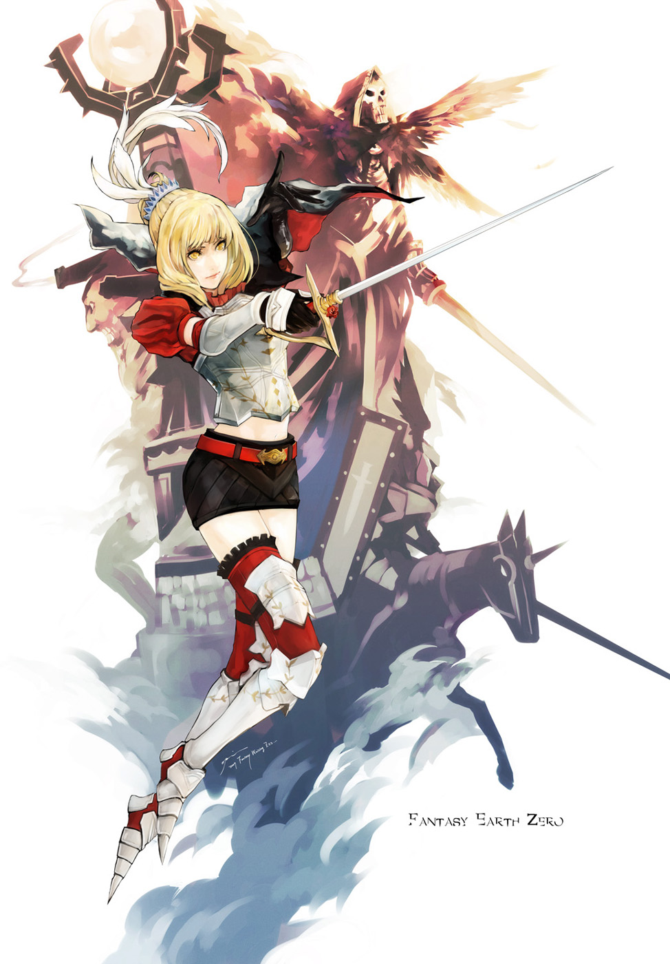 opiu, fantasy earth zero, highres, 1girl, armor, barding, blonde hair, elbow gloves, female focus, gloves, greaves, horse, horseback riding, knight, lance, polearm, rapier, riding, solo, sword, thighhighs, weapon, yellow eyes