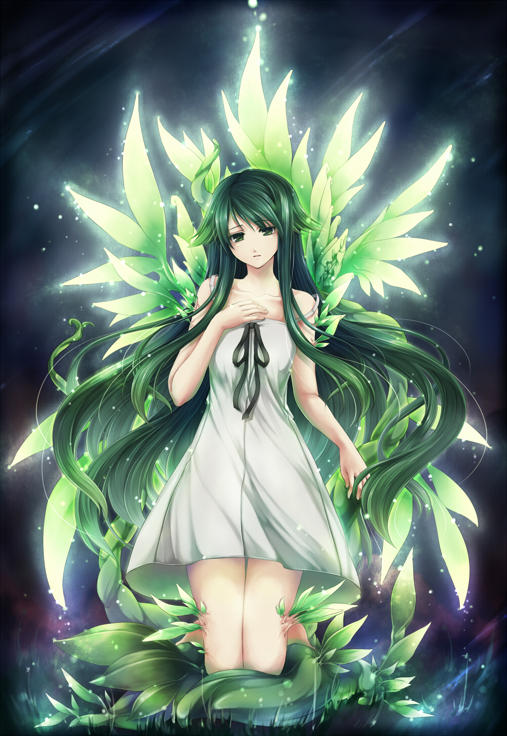 hagiwara rin, saya (saya no uta), saya no uta, bad id, bad pixiv id, highres, 1girl, dress, female focus, green eyes, green hair, leaf, long hair, matching hair/eyes, solo, strap slip, sundress