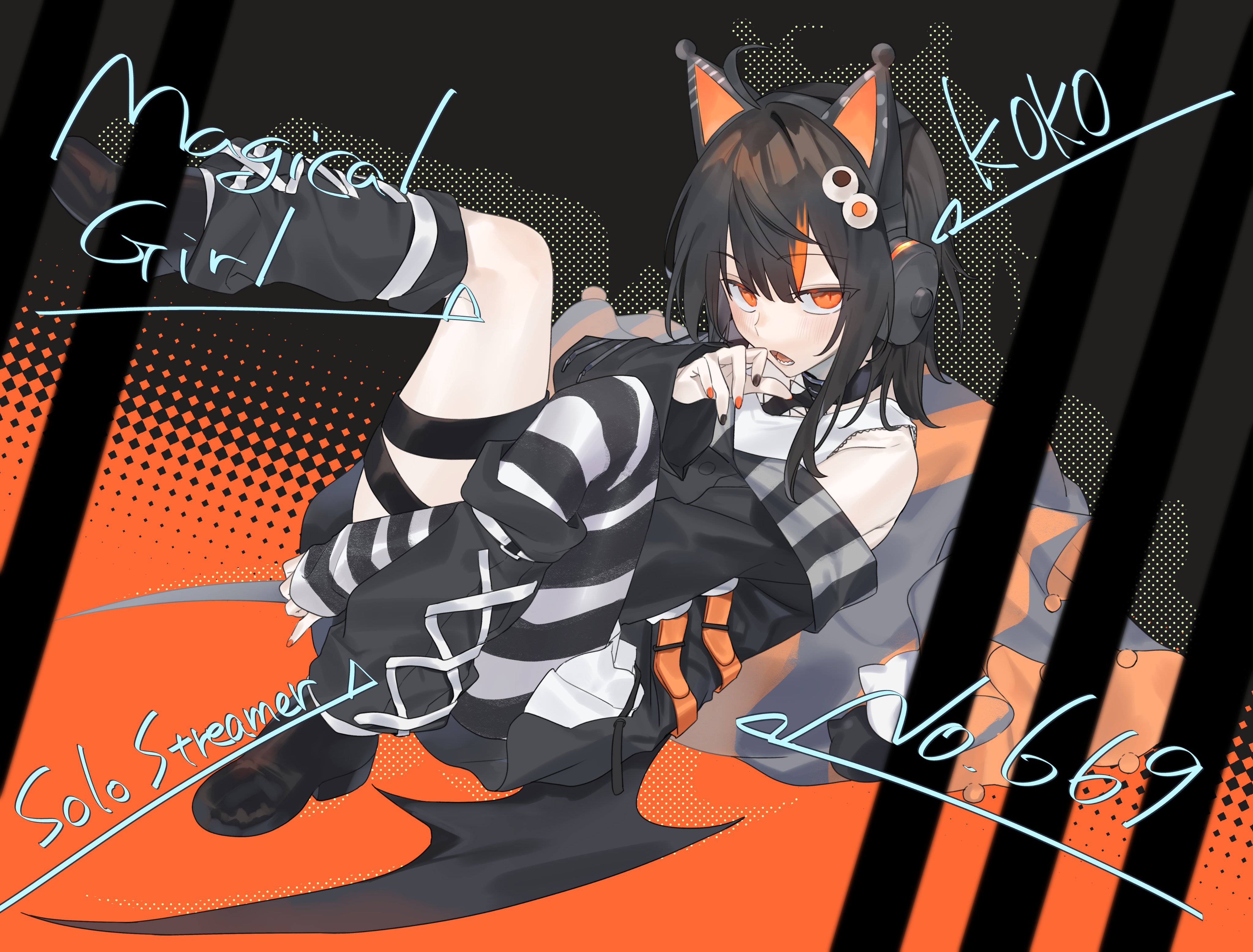 hajimaru, sawatari coco, mahou shoujo no majo saiban, absurdres, commentary request, highres, 1girl, ahoge, animal ear headphones, animal ears, asymmetrical legwear, black leg warmers, black nails, black shoes, black sweater, cat ear headphones, cat ears, english text, eyeball hair ornament, fake animal ears, fake wings, half-closed eyes, headphones, leg up, leg warmers, looking at viewer, magical girl, open mouth, orange eyes, orange nails, orange streaks, sharp teeth, shoes, solo, sweater, teeth, wings