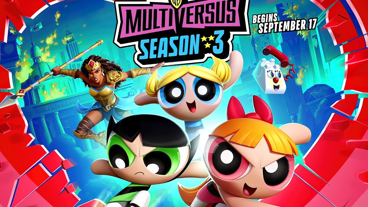 blossom (ppg), bubbles (ppg), buttercup (ppg), powerpuff girls, official art, promotional art, 3d, armor, black hair, blonde hair, blue dress, breaking through wall, dress, fighting stance, green dress, hair ribbon, heart, holding, holding polearm, holding weapon, long hair, nubia (dc), orange hair, polearm, red dress, red ribbon, ribbon, short hair, shoulder armor, spear, thighhighs, twintails, weapon, white thighhighs