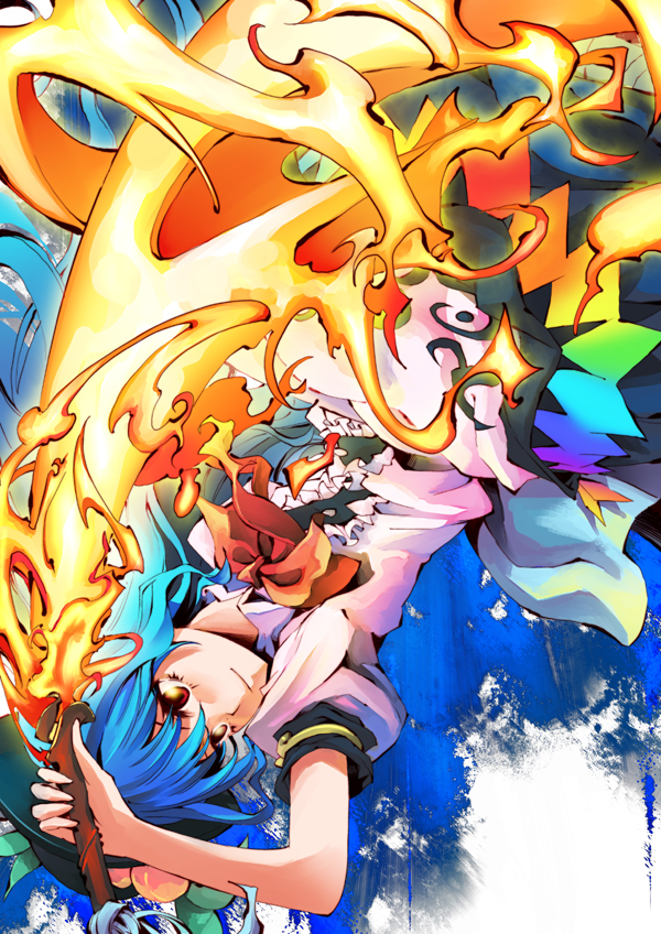 dain, hinanawi tenshi, touhou, bad id, bad pixiv id, 1girl, blue hair, female focus, fire, food, fruit, hat, long hair, peach, red eyes, solo, sword, sword of hisou, upside-down, weapon