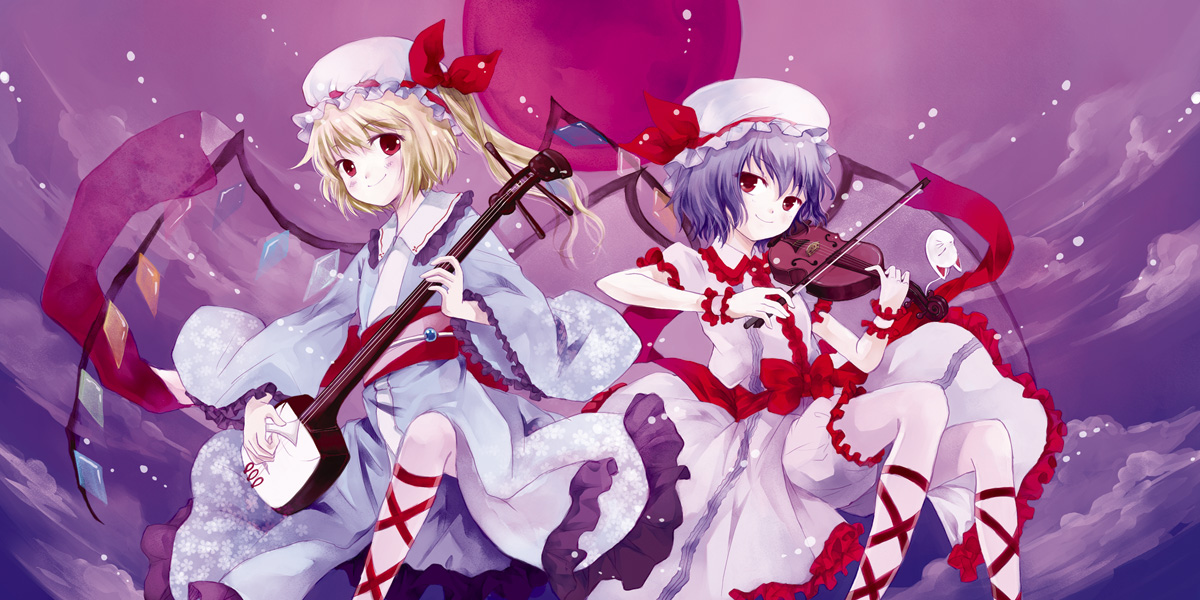 kaedena akino, miyabi akino, flandre scarlet, remilia scarlet, touhou, bad id, bad pixiv id, 2girls, bat wings, blonde hair, blue eyes, blue hair, female focus, hat, instrument, mask, moon, multiple girls, plectrum, red eyes, red moon, shamisen, short hair, siblings, sisters, violin, wings