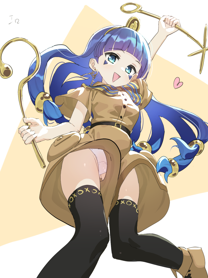 polpol, michigami nareko, touhou, commentary, 1girl, black thighhighs, blue eyes, blue hair, blunt bangs, brown shirt, brown shorts, crotch seam, holding, holding polearm, holding weapon, long hair, looking at viewer, panties, polearm, puffy shorts, shirt, shorts, smile, solo, thighhighs, underwear, upshorts, weapon, white panties