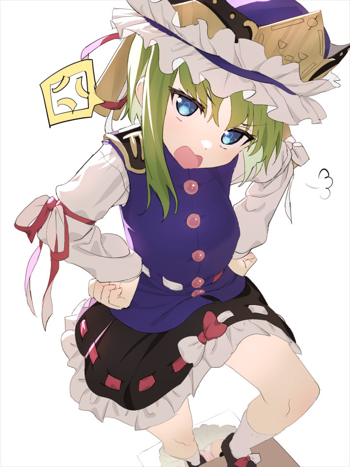 polpol, shiki eiki, touhou, commentary request, 1girl, anger vein, ass, asymmetrical hair, black shoes, black skirt, blue eyes, bow, buttons, epaulettes, foot out of frame, frilled hat, frills, green hair, hands on own hips, hat, long sleeves, looking at viewer, mary janes, open mouth, panties, purple hat, purple vest, red bow, reflection, ribbon-trimmed skirt, ribbon-trimmed vest, ribbon trim, shirt, shoes, short hair, simple background, skirt, sleeve bow, socks, solo, spoken anger vein, standing, underwear, upskirt, vest, white background, white bow, white panties, white shirt, white socks