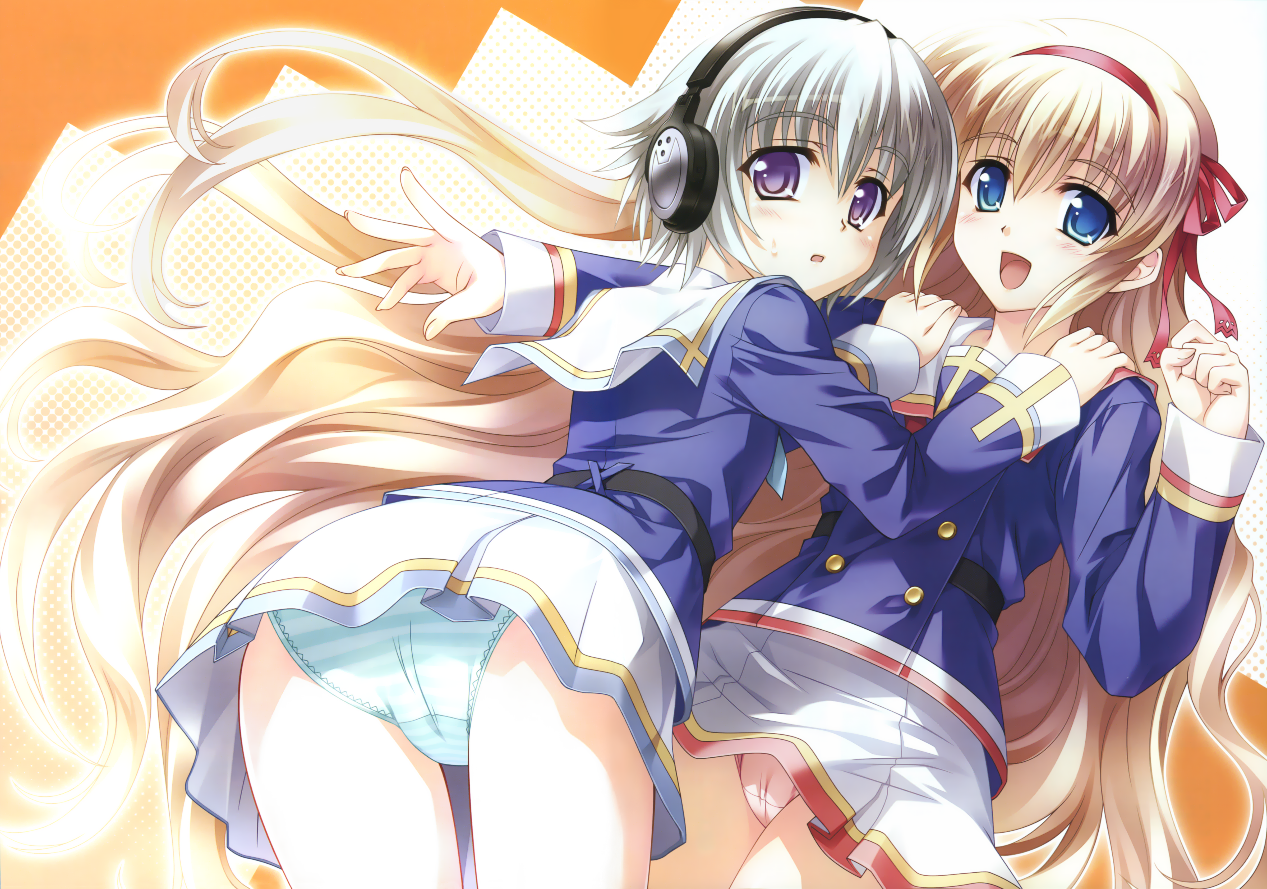 ankoromochi, tsukasa yuuki, minakura tomo, mochizuki nayuta, amber quartz, absurdres, highres, huge filesize, 2girls, ass, blush, headphones, long hair, multiple girls, panties, school uniform, underwear